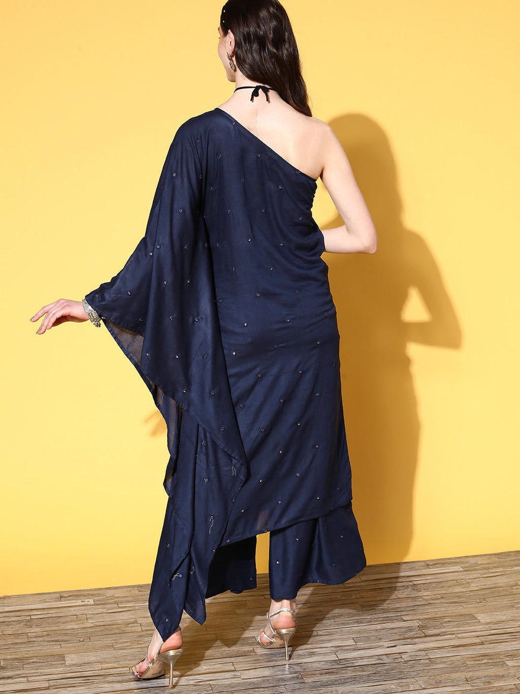 InWeave Women's Navy Mirror Work One Shoulder Kurta Set