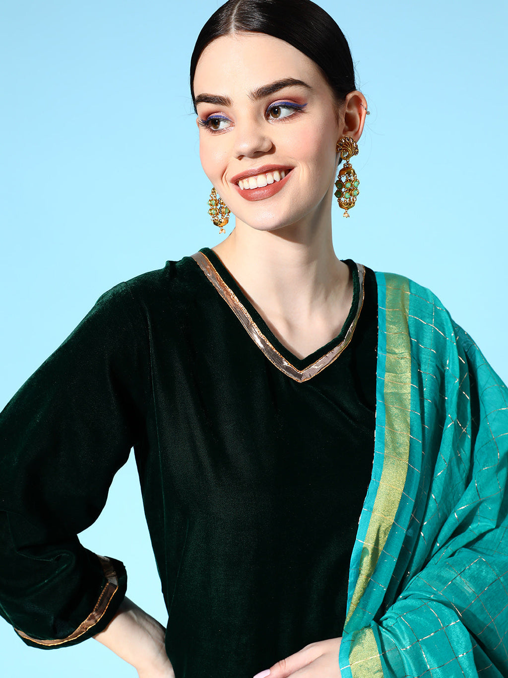 InWeave Women's Green Velvet Kurta Set With Teal Gold Check Dupatta