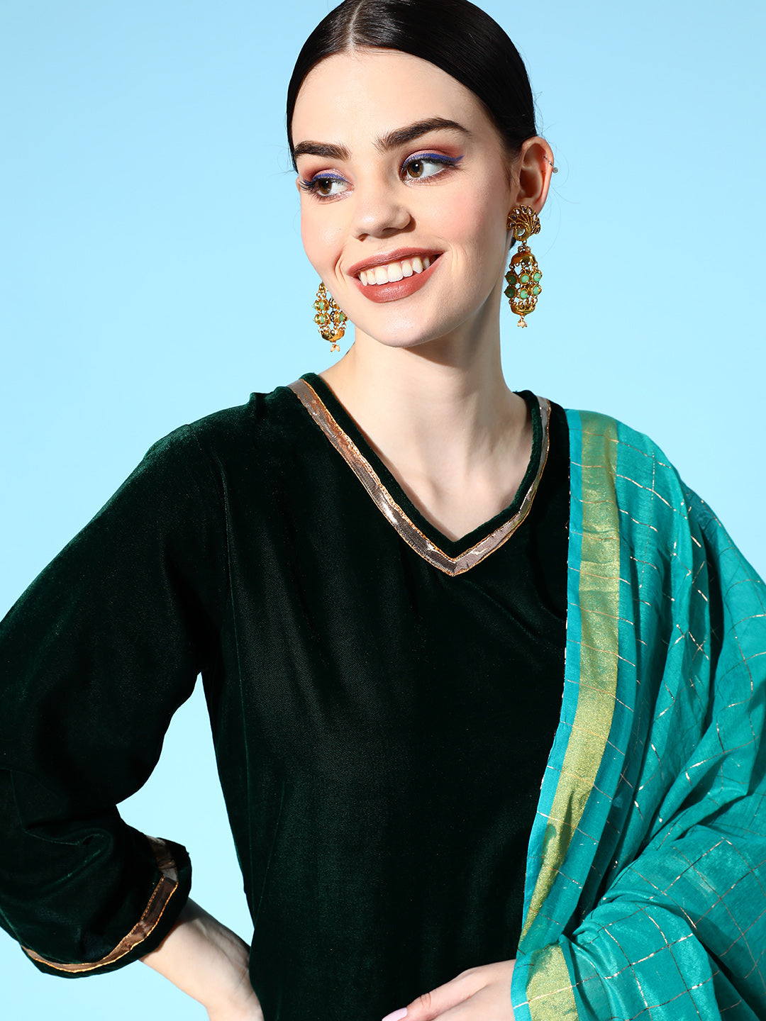 InWeave Women's Green Velvet Kurta Set With Teal Gold Check Dupatta