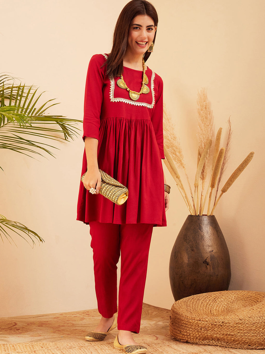 InWeave Women's Maroon Round Neck Square Gota Work Kurta Pant Set