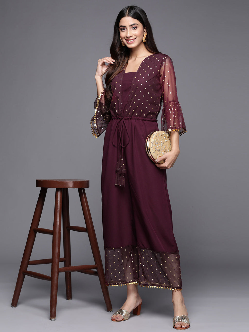 Ahalyaa Printed Bell Sleeves Crepe Basic Jumpsuit With Waist Tie-Ups