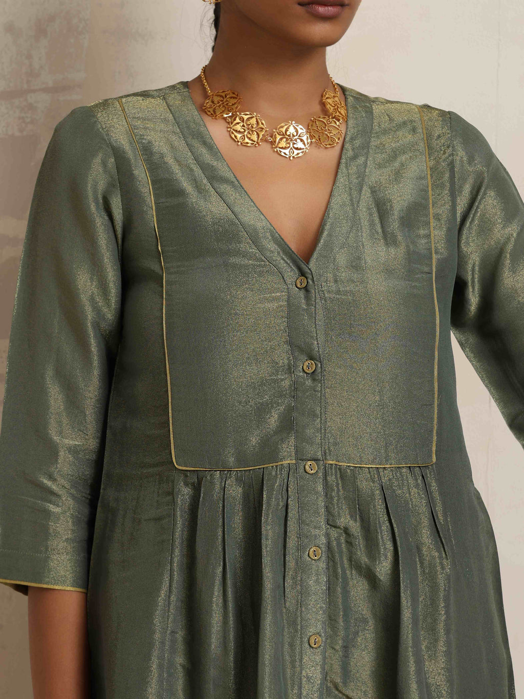 trueBrowns Green Tissue A-line Kurta Set