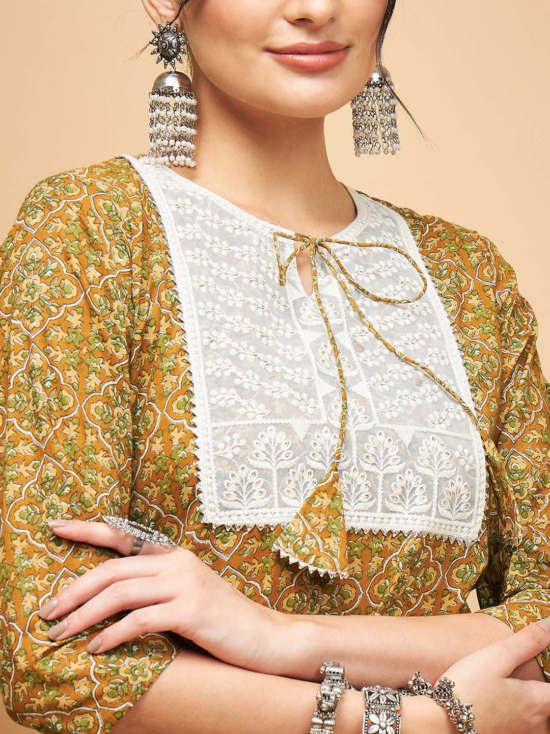 InWeave Women's Olive Ajrakh Print Cotton Patch Work Straight Kurta Pant Set