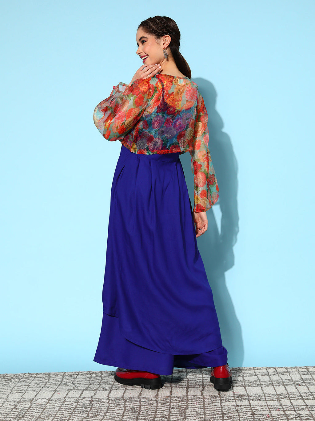 InWeave Women's Strappy Set Ink Blue With Green Floral Short Or Cape