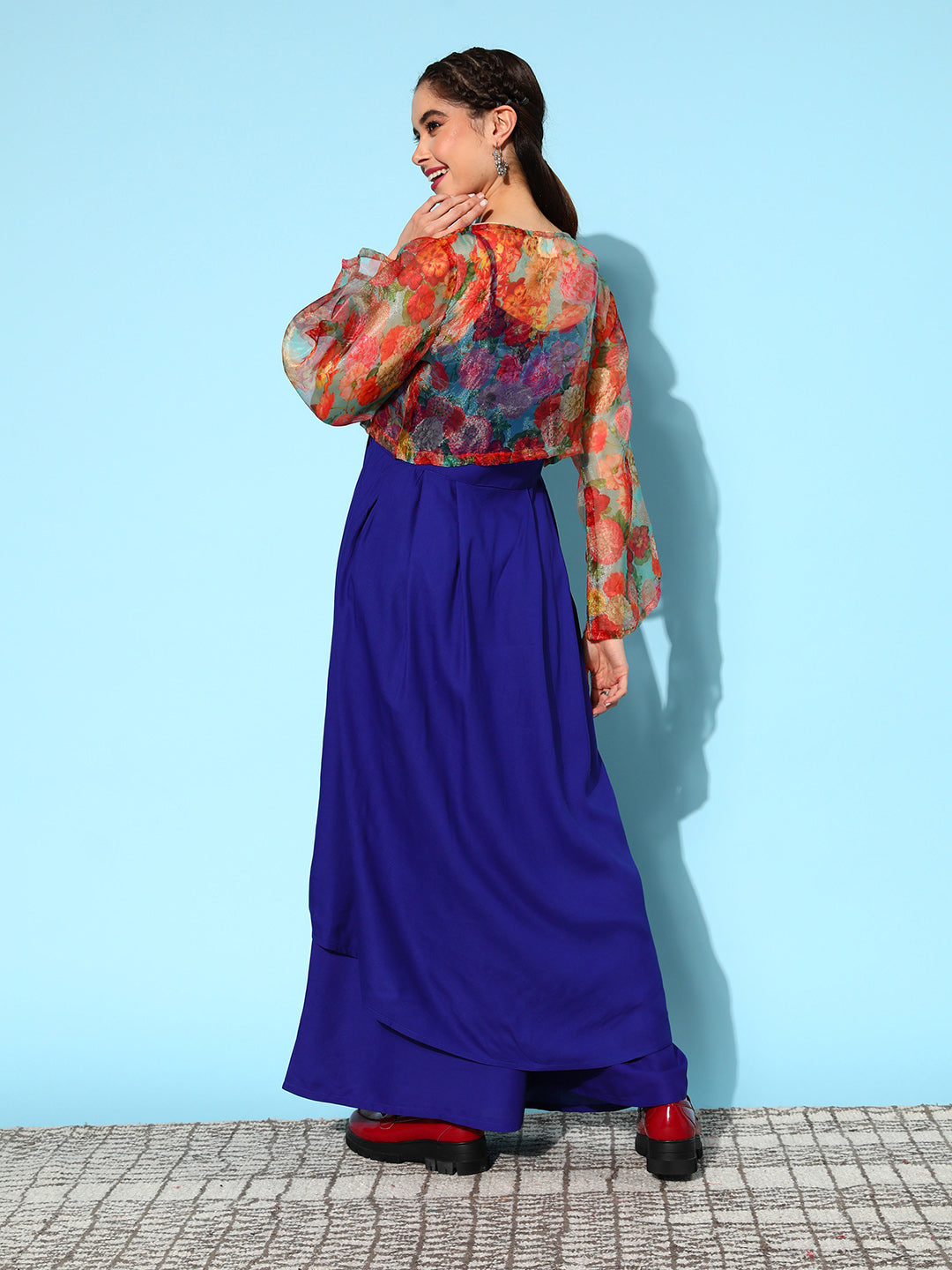 InWeave Women's Strappy Set Ink Blue With Green Floral Short Or Cape
