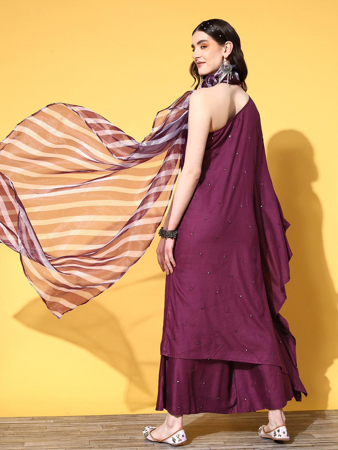 InWeave Women's Wine Mirror Work One Shoulder Kurta Set With Dupatta