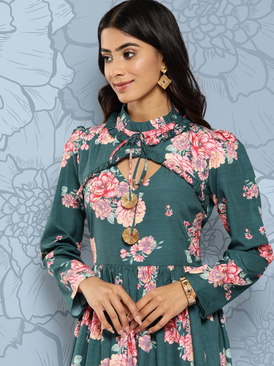 Ahalyaa Floral Print Puff Sleeves Tie-Up Neck Crepe Ethnic Gown With Cut-Out Detail