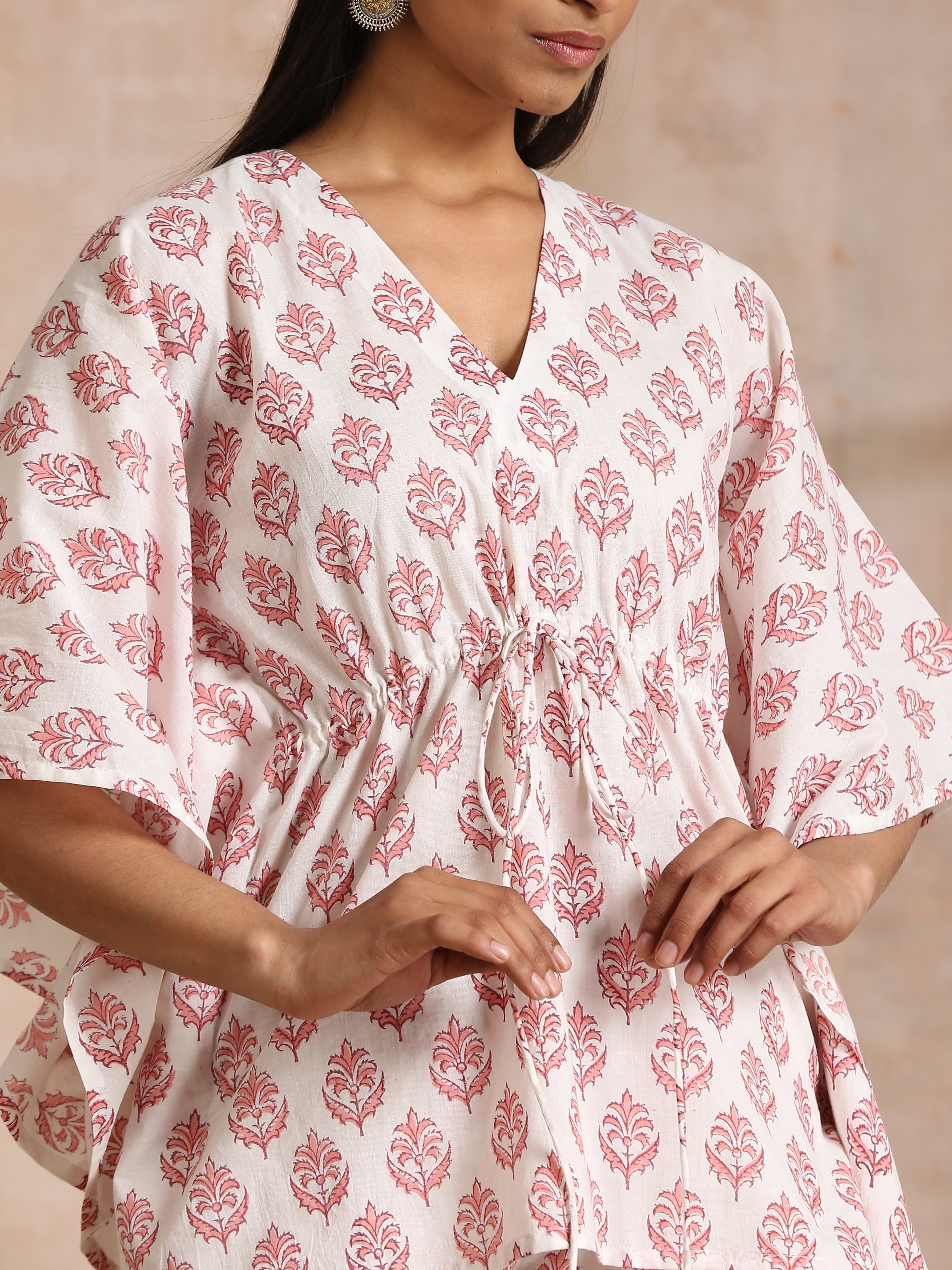trueBrowns Pink Buta On White Block Print Cotton Kaftan Co-Ord Set