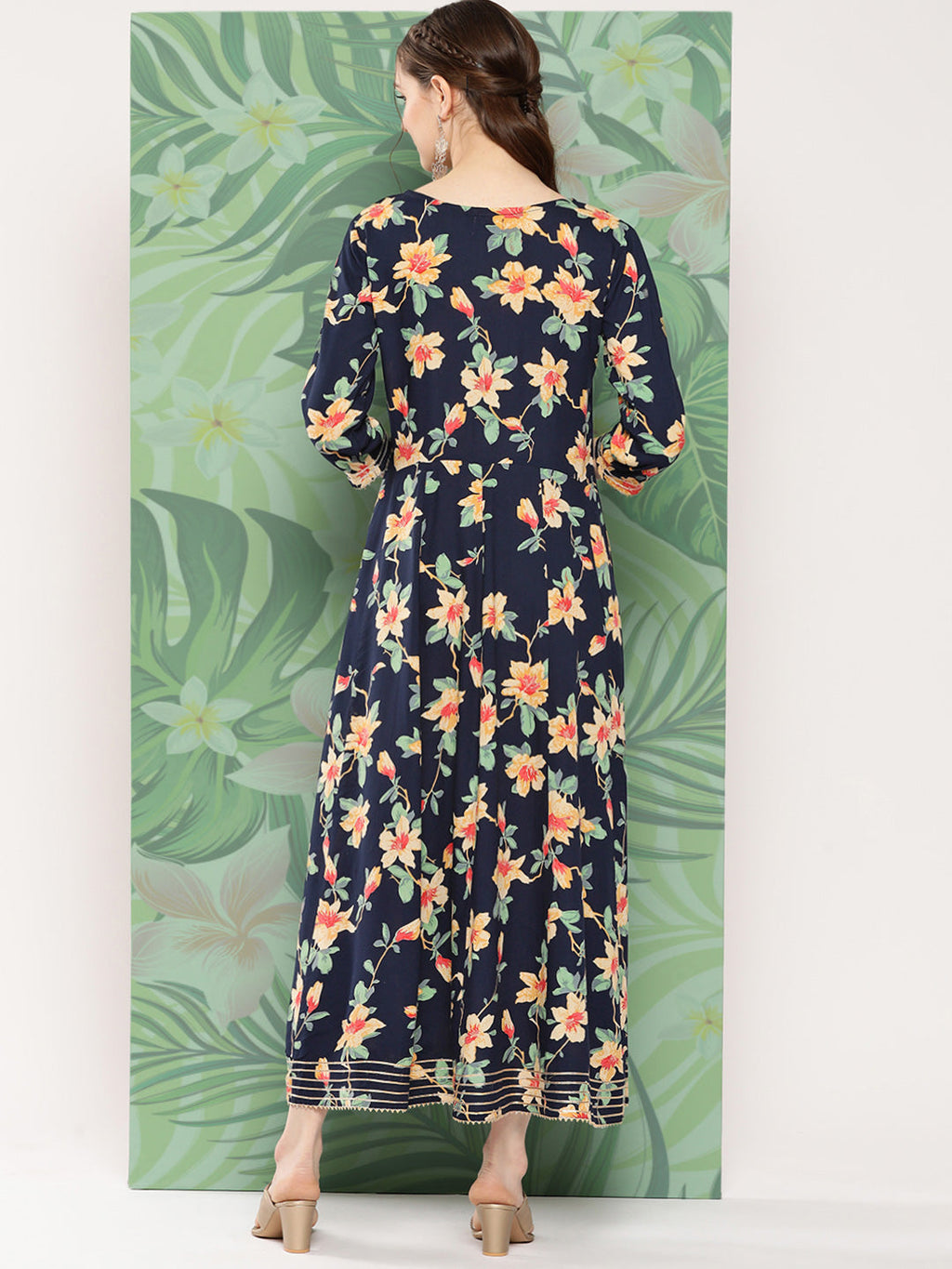 InWeave Women's Black Tropical Print Gota Long Dress