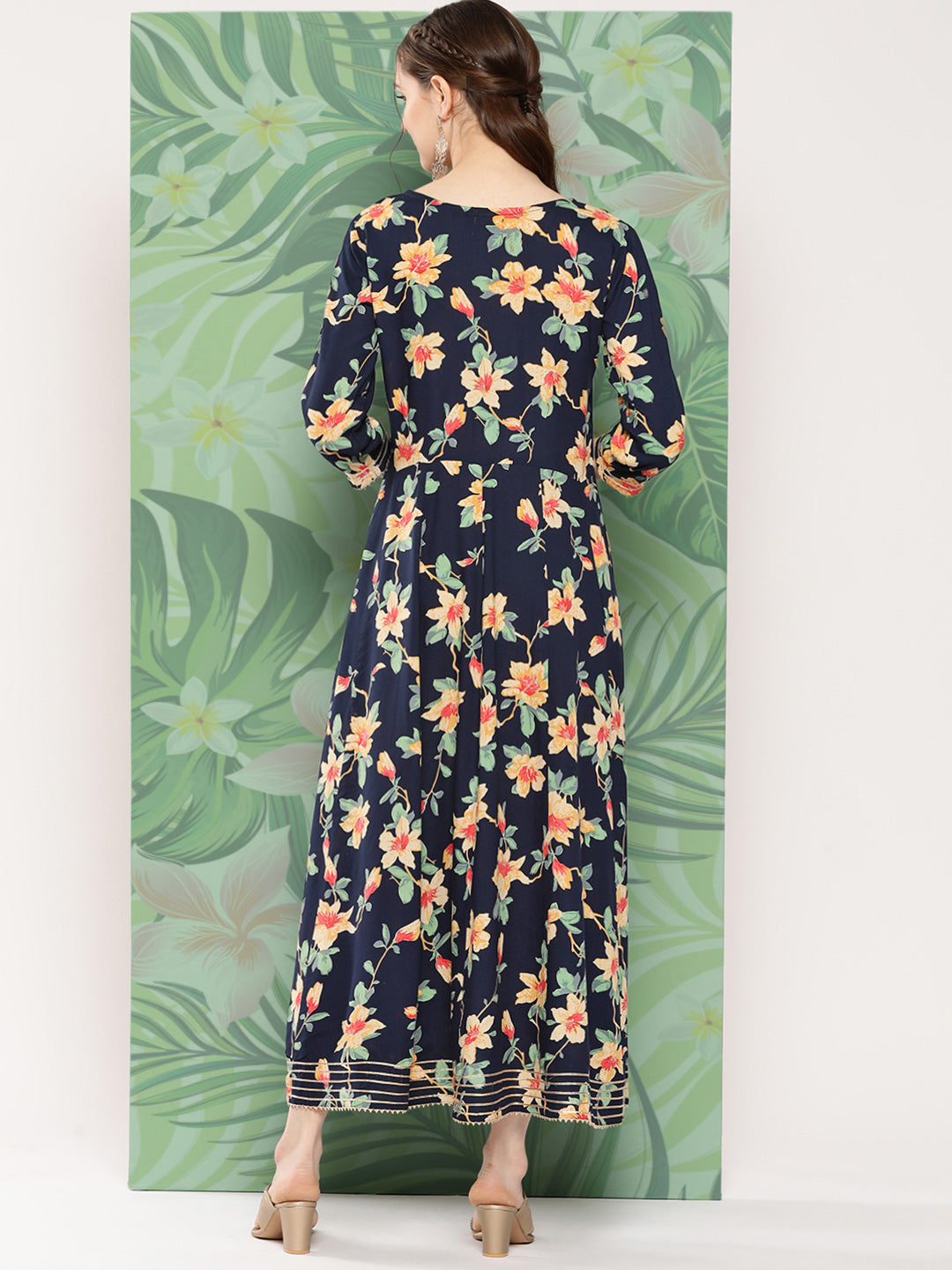 InWeave Women's Black Tropical Print Gota Long Dress