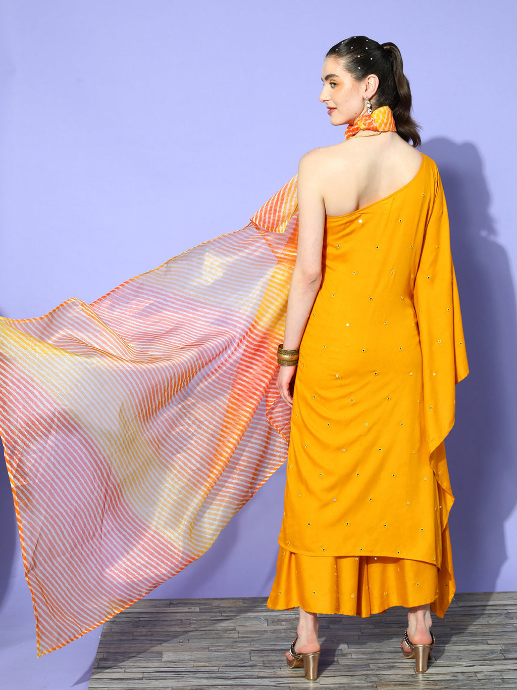 InWeave Women's Mustard Mirror Work One Shoulder Kurta Set With Dupatta