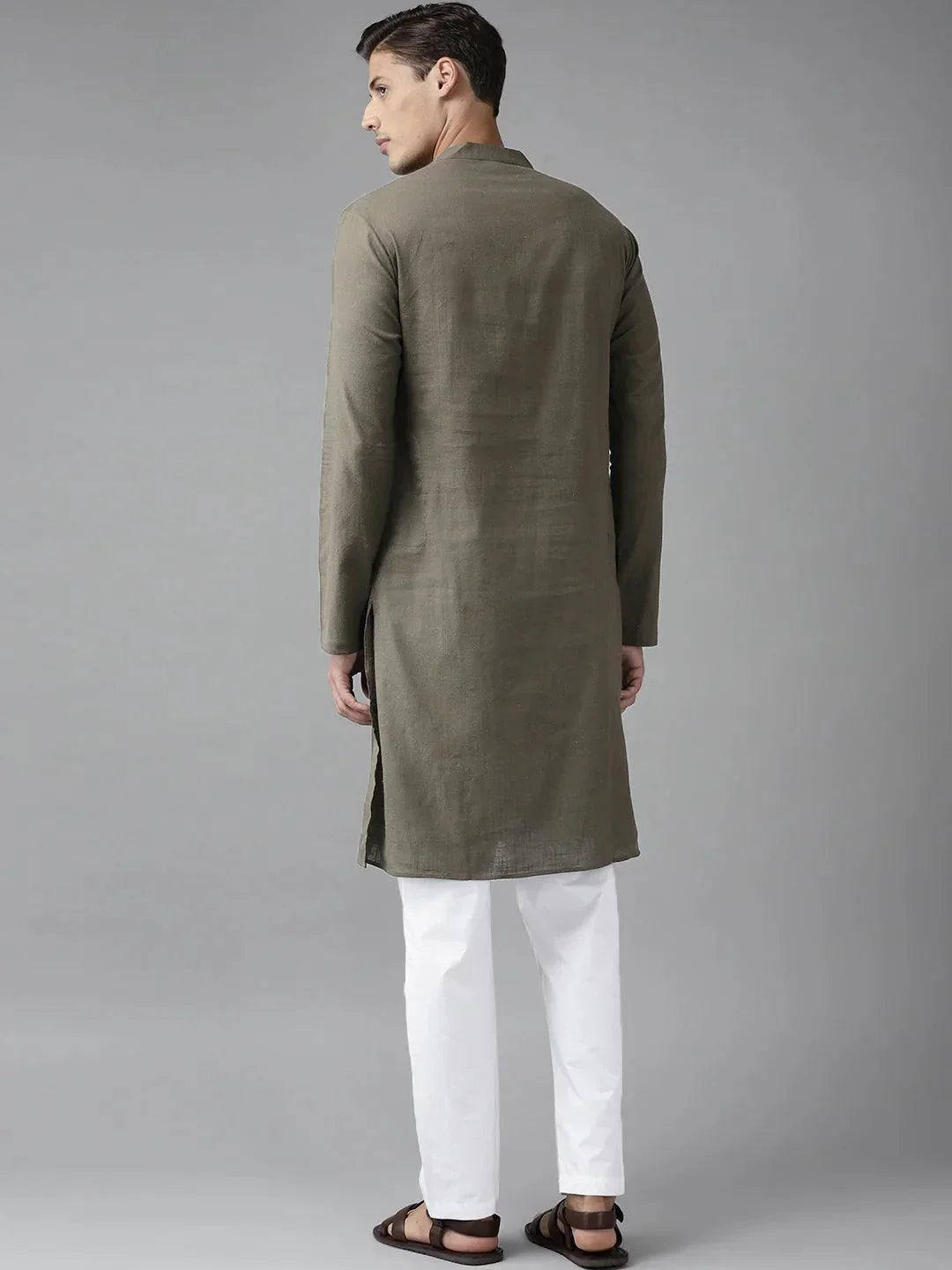 Fabmade Men Khaki Cotton Linen Kurta Pyjama