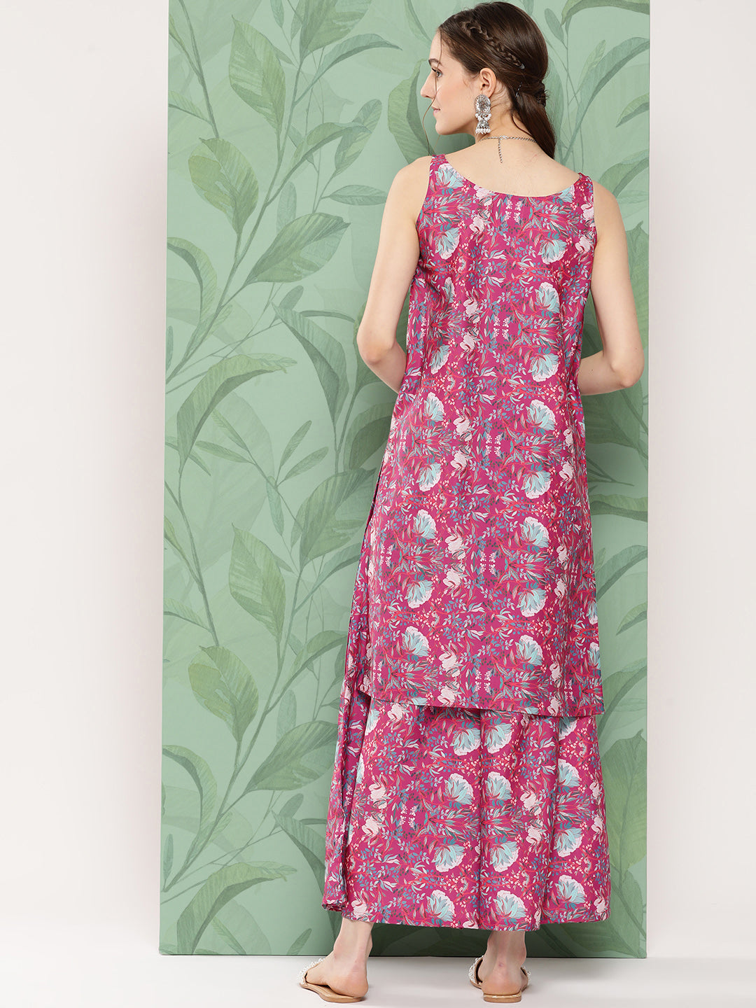 InWeave Women's Magenta Camelia Print Crepe Kurta Set