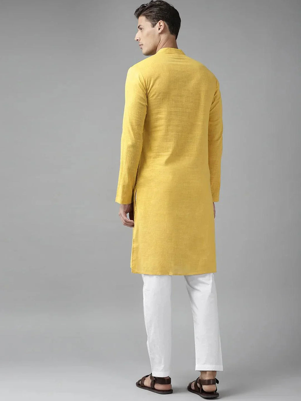 Fabmade Men Yellow Cotton Linen Kurta Pyjama