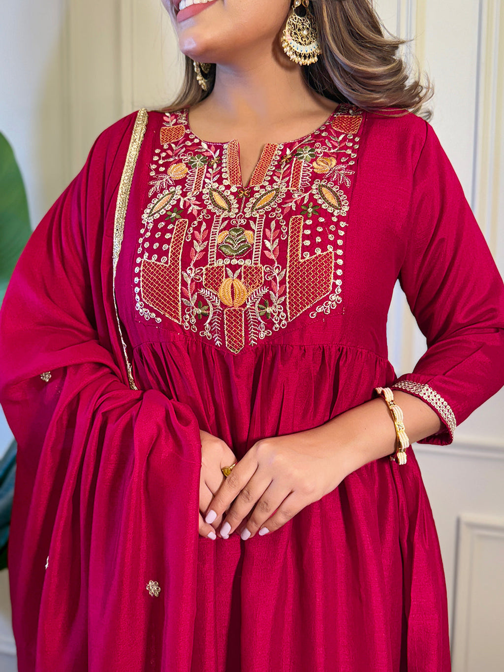 The52 Women's Gorgeous Vichitra Silk Embroidery Flared Kurta with Palazzo And Dupatta Set