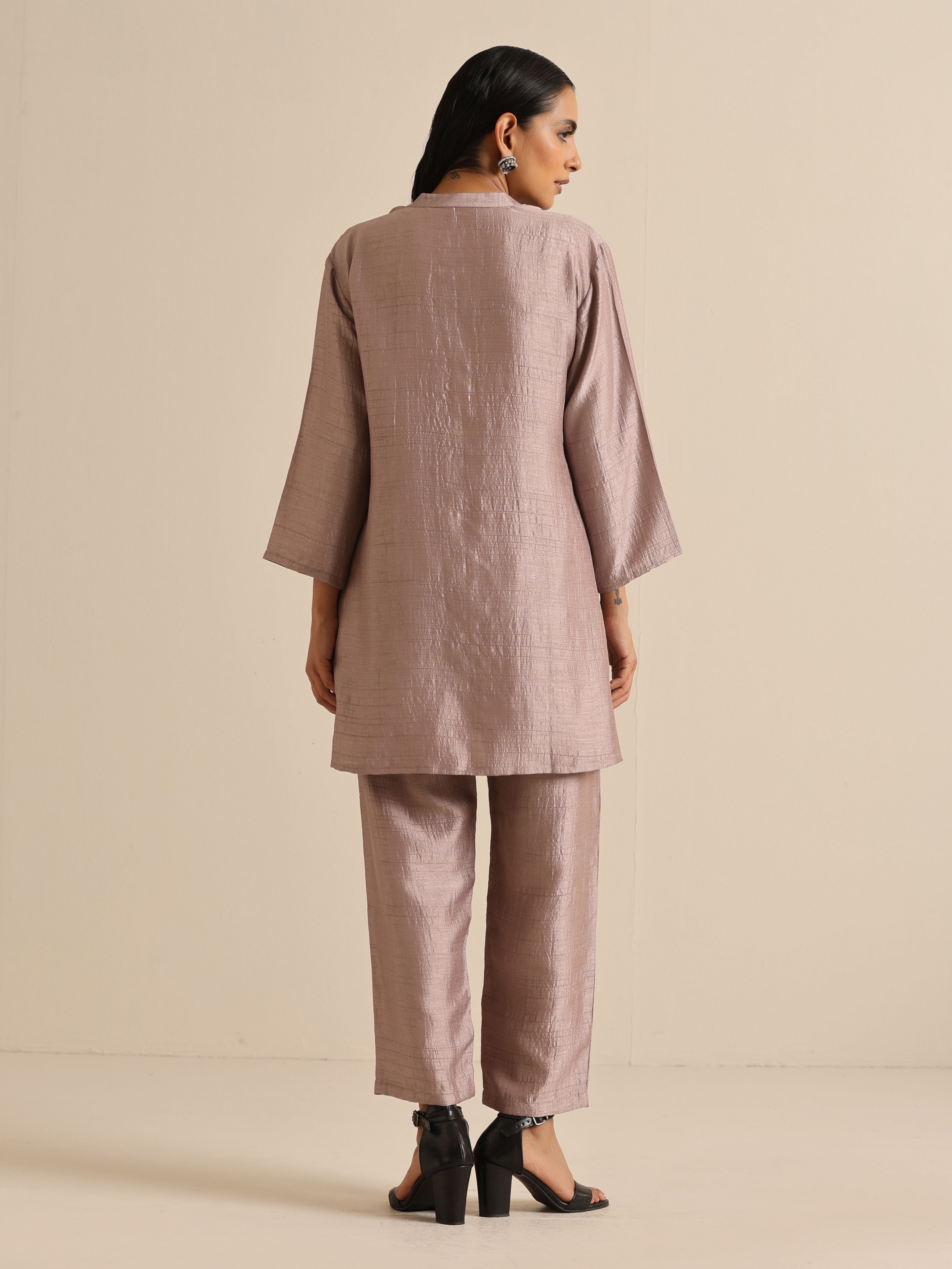 trueBrowns Grey Silk Texture Relaxed Co-Ord Set