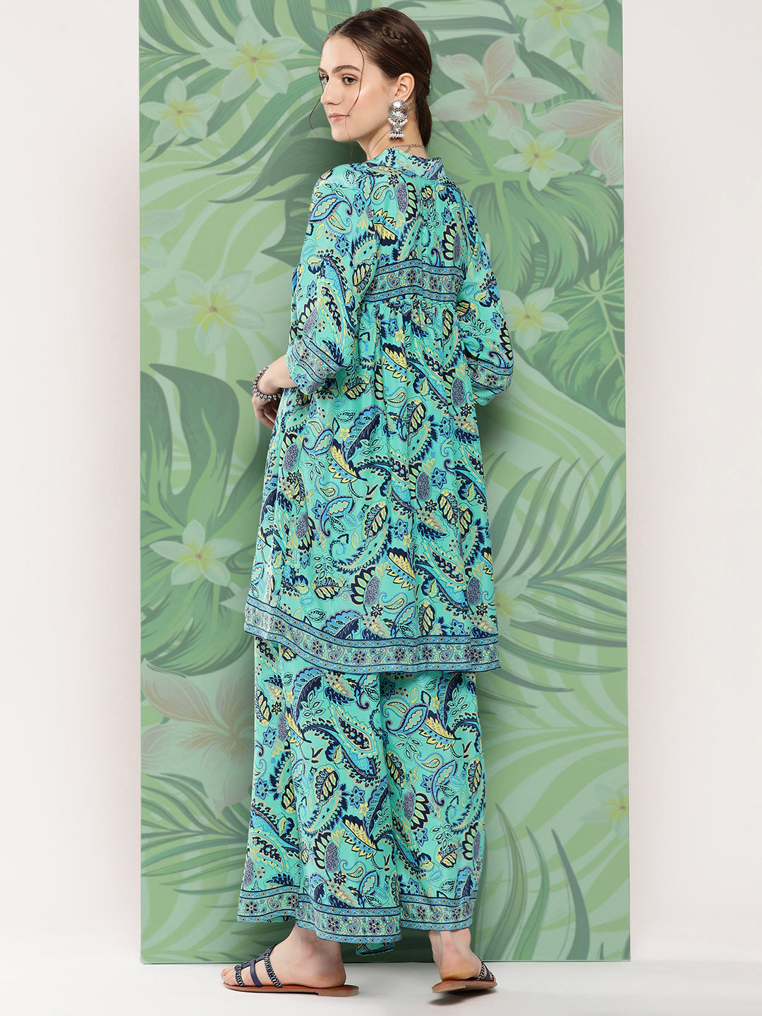 InWeave Women's Turquoise Blue Camelia Printed Ethnic Kurta Set