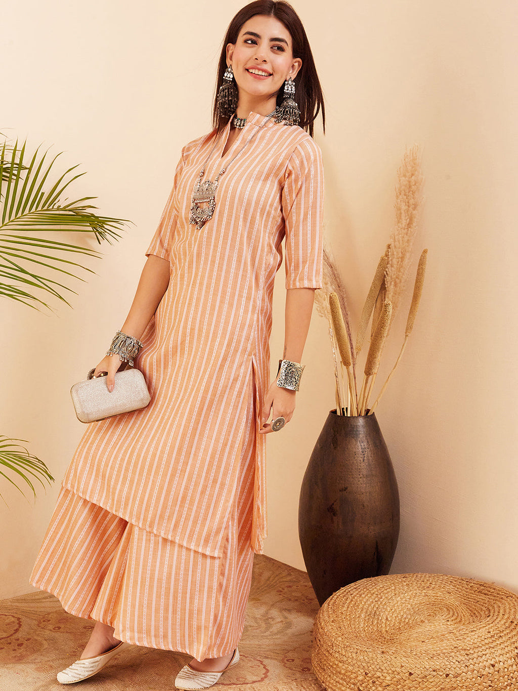 InWeave Women's Light Mustard Lurex Kantha Mandarin Neck Kurta Palazzo Set