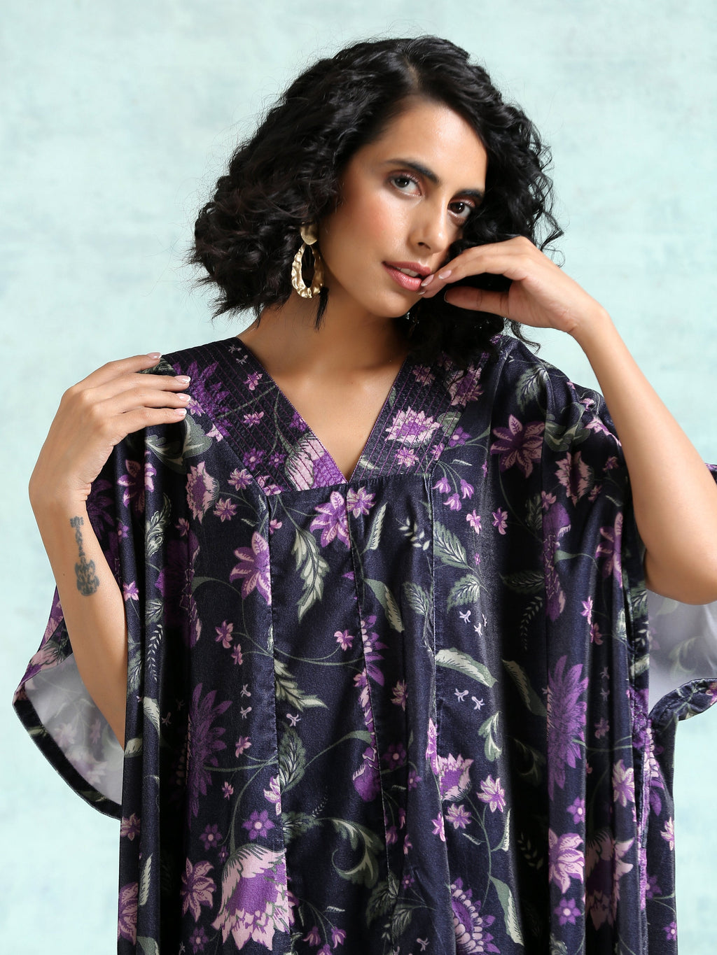 trueBrowns Black Printed Velvet Kaftan Kurta