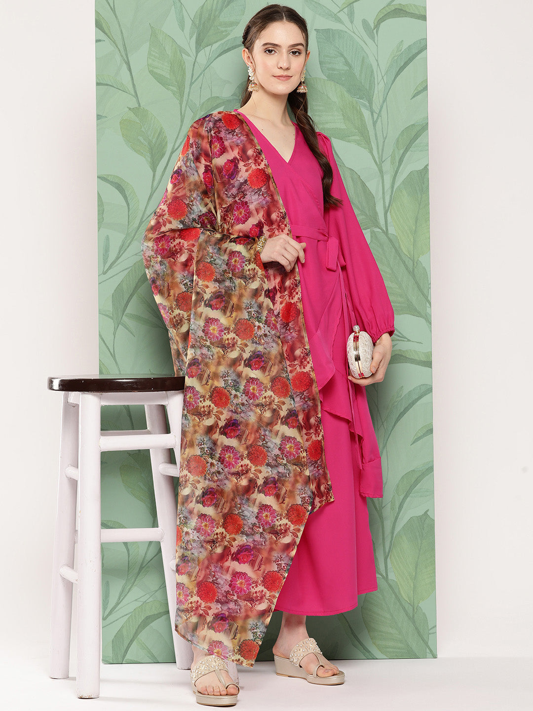 InWeave Women's Magenta Tie Up Kurta Set W Camel Brown Or Dupatta