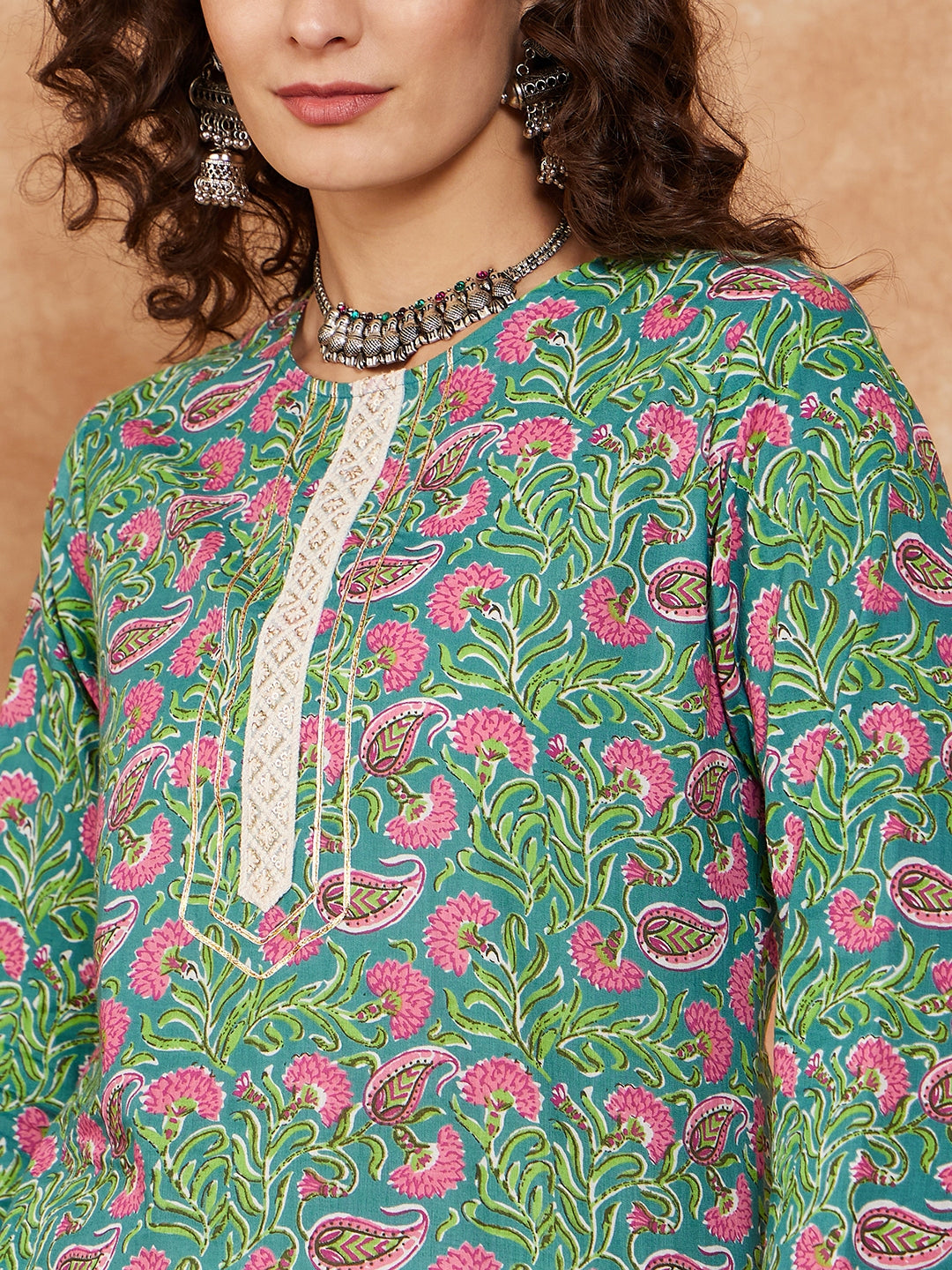 InWeave Women's Sea Green Pink Lace Gota Work Straight Kurta