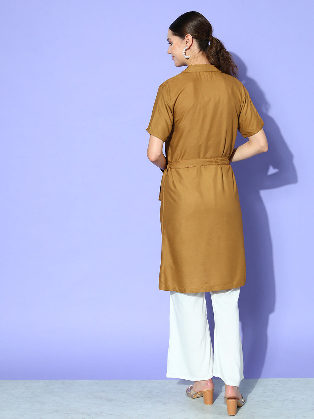 InWeave Women's Camel Brown Cream Pant Coord Set With Mauve Crop Top