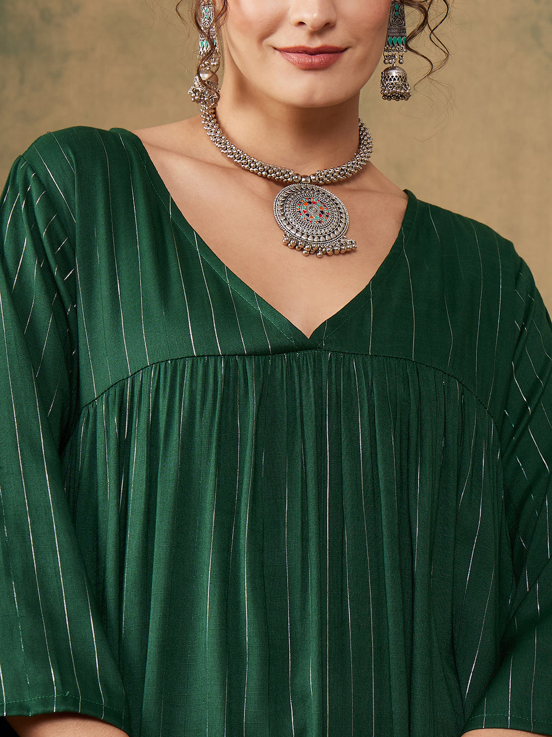InWeave Women's Pine Green Lurex Flared V Neck Kurta Palazzo Set
