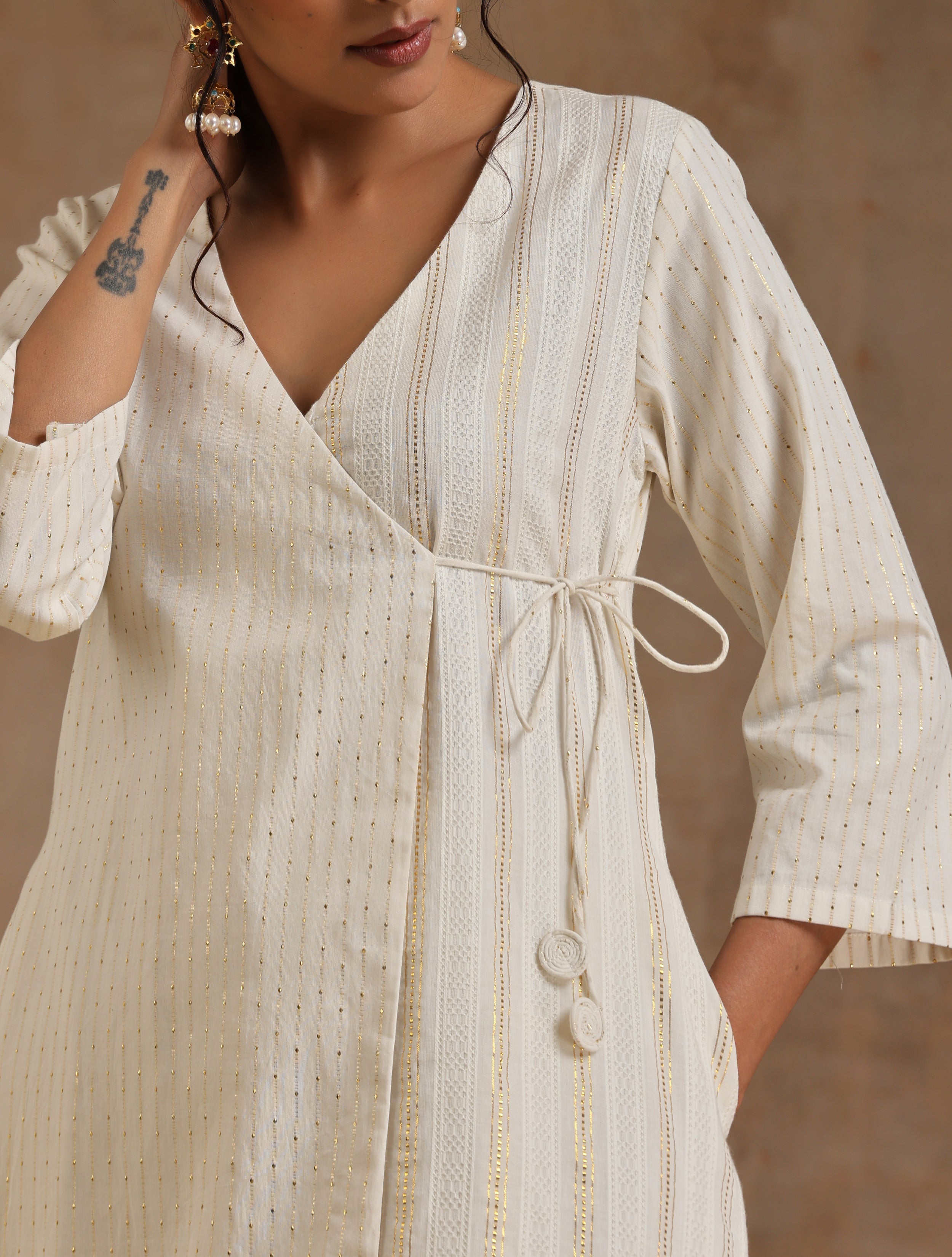 trueBrowns Ivory Gold Cotton Angrakha Kurta Set