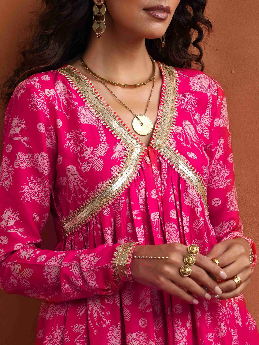 trueBrowns Red Print Flared Anarkali Kurta Set
