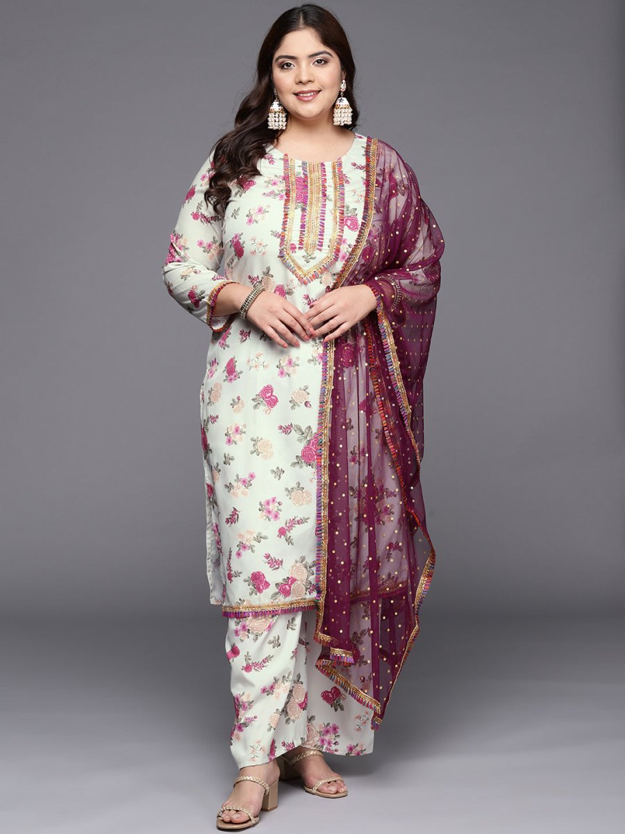 Ahalyaa Plus Size Floral Printed Zari Kurta with Palazzos & With Dupatta