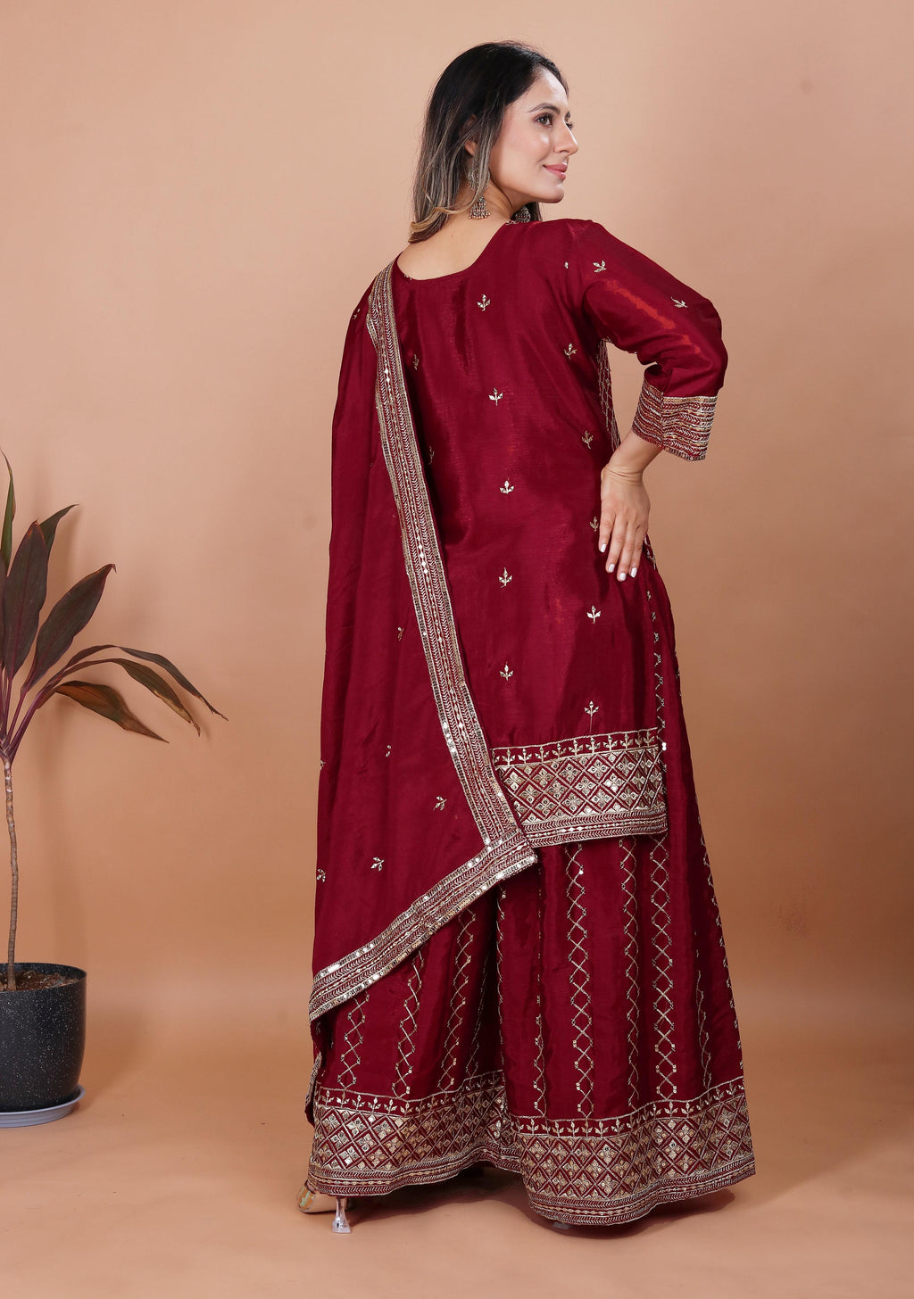 Yash Enterprise Maroon Chinon Silk Party Wear Embroidery Suit Set