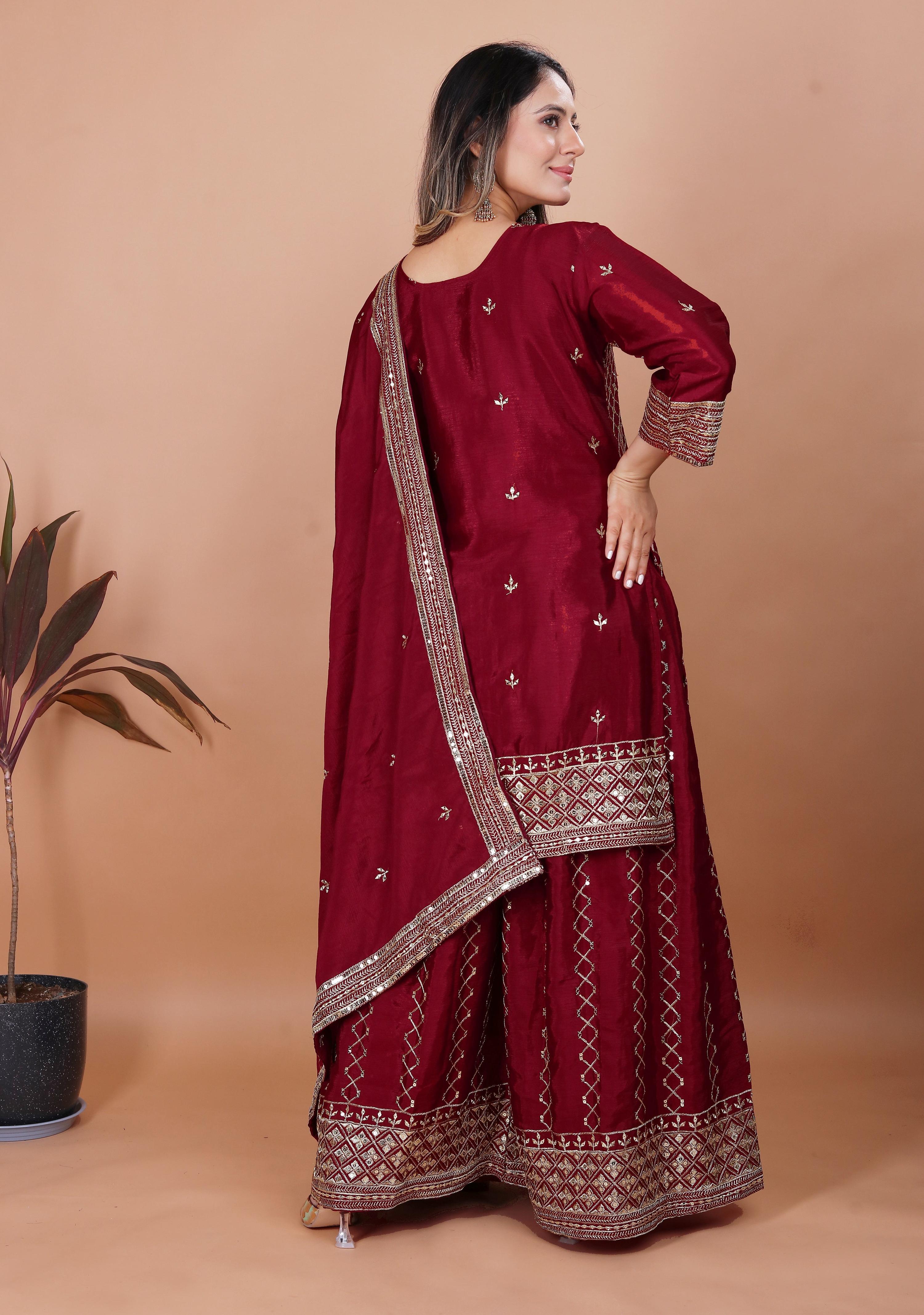Yash Enterprise Maroon Chinon Silk Party Wear Embroidery Suit Set