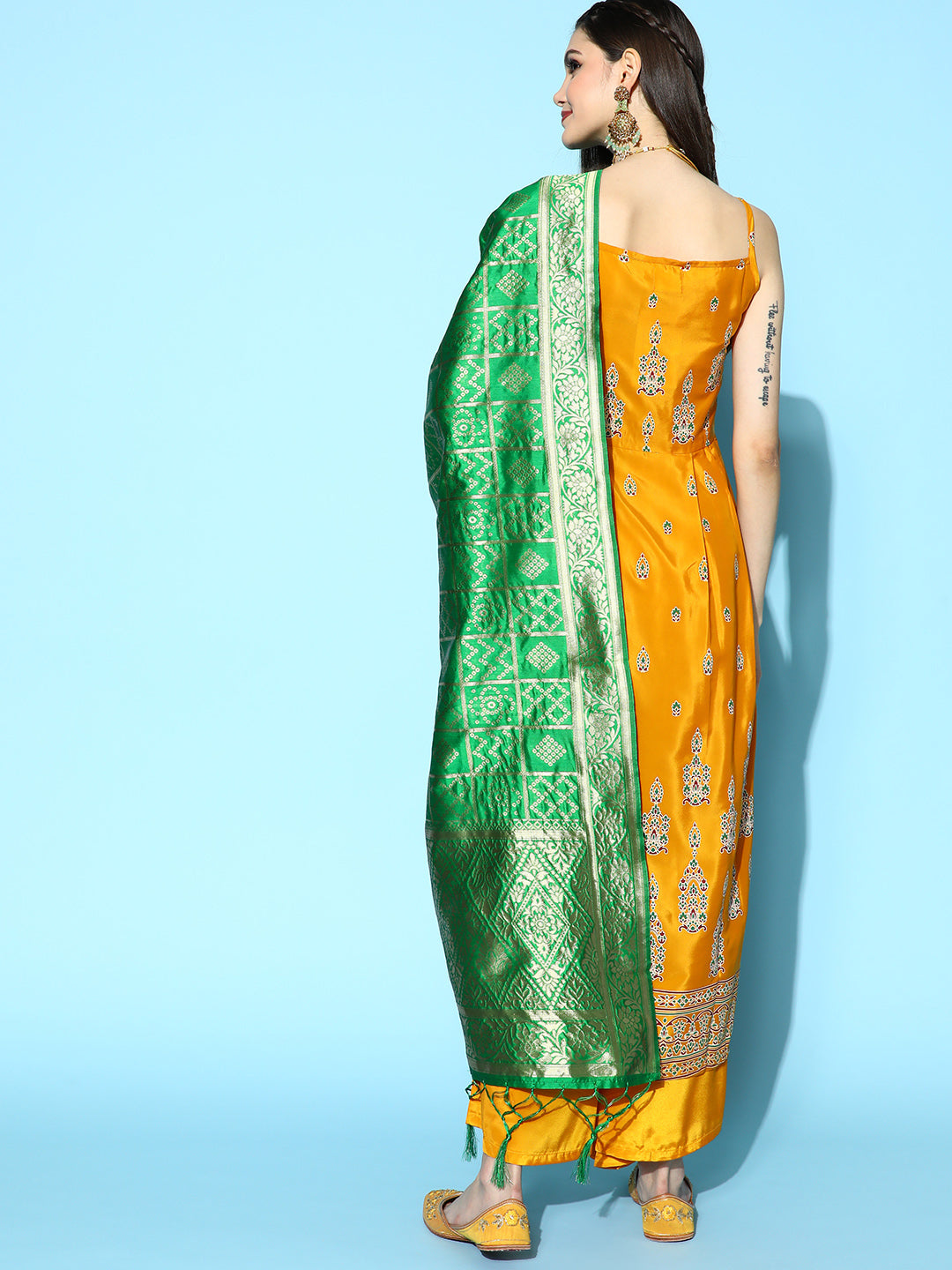 InWeave Women's Mustard Foil Print Strappy With Green Brocade Dupatta