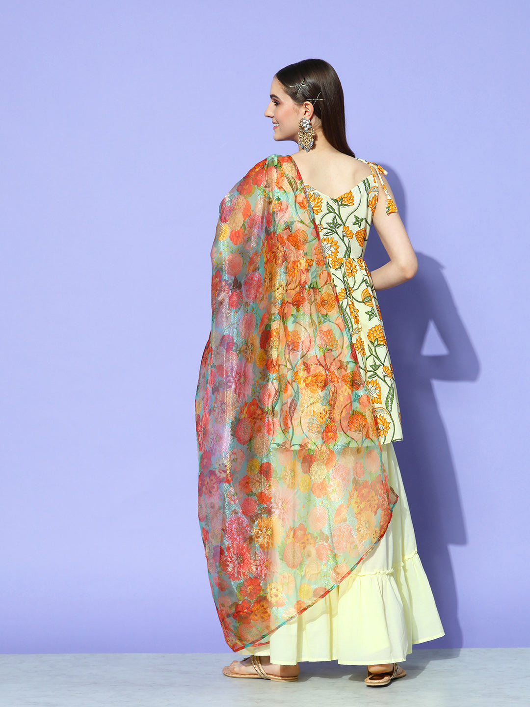 InWeave Women's Off White Yellow Floral Print Tie Up Kurta Sharara Set With Dupatta