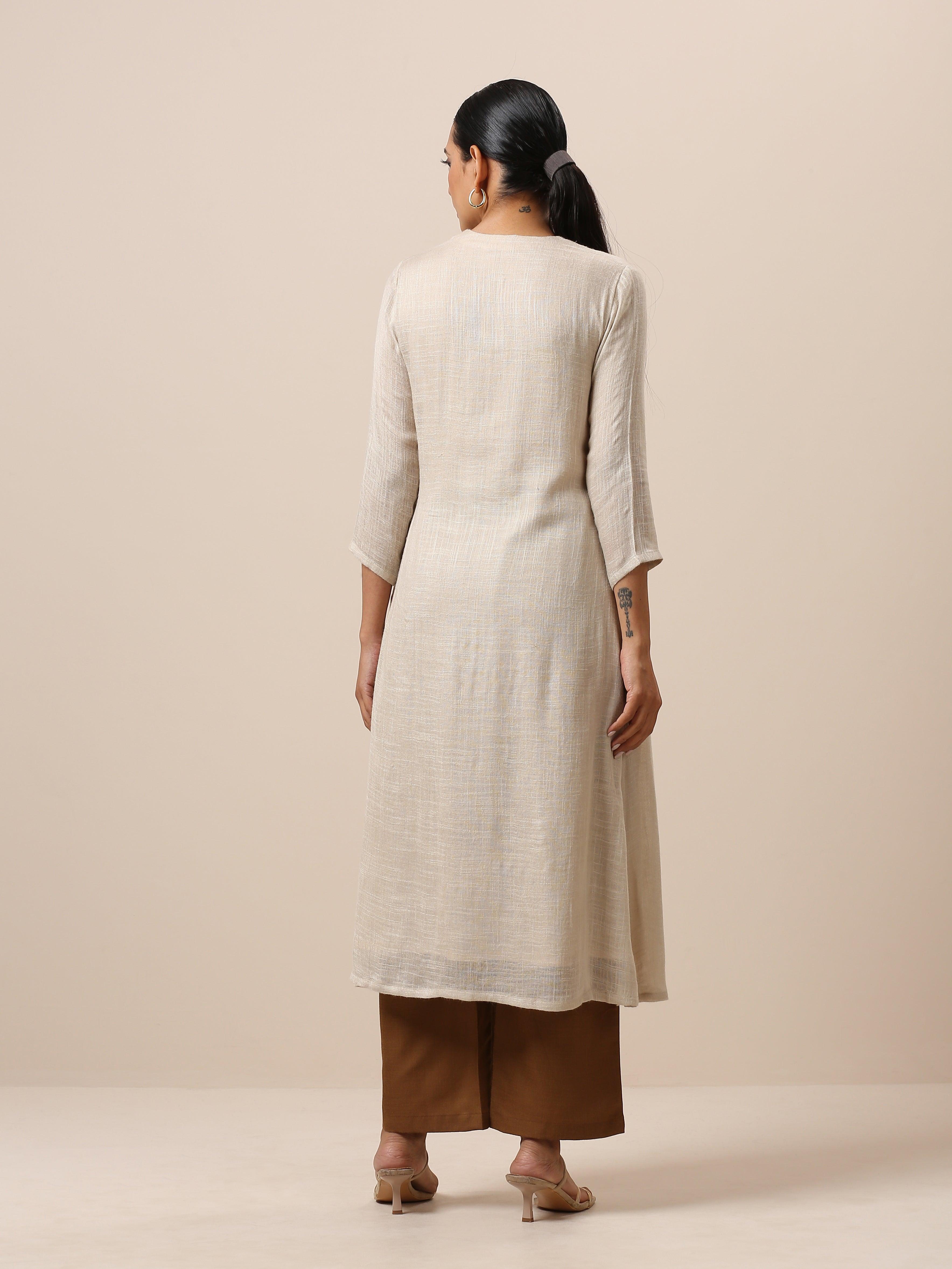 trueBrowns Linen Beige Textured Slit Kurta Pant Set