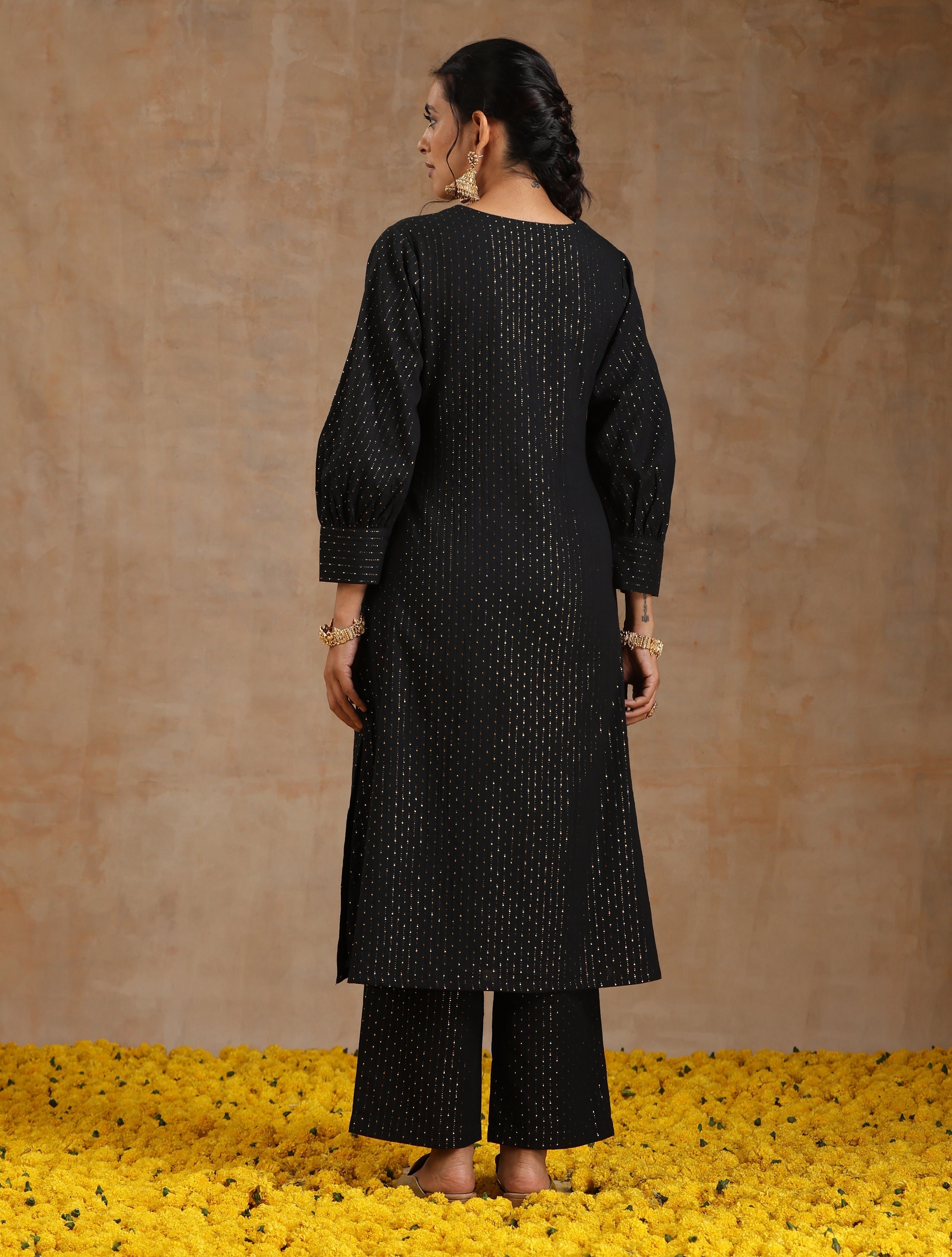 trueBrowns Black Gold Cotton Overlap Yoke Kurta Set