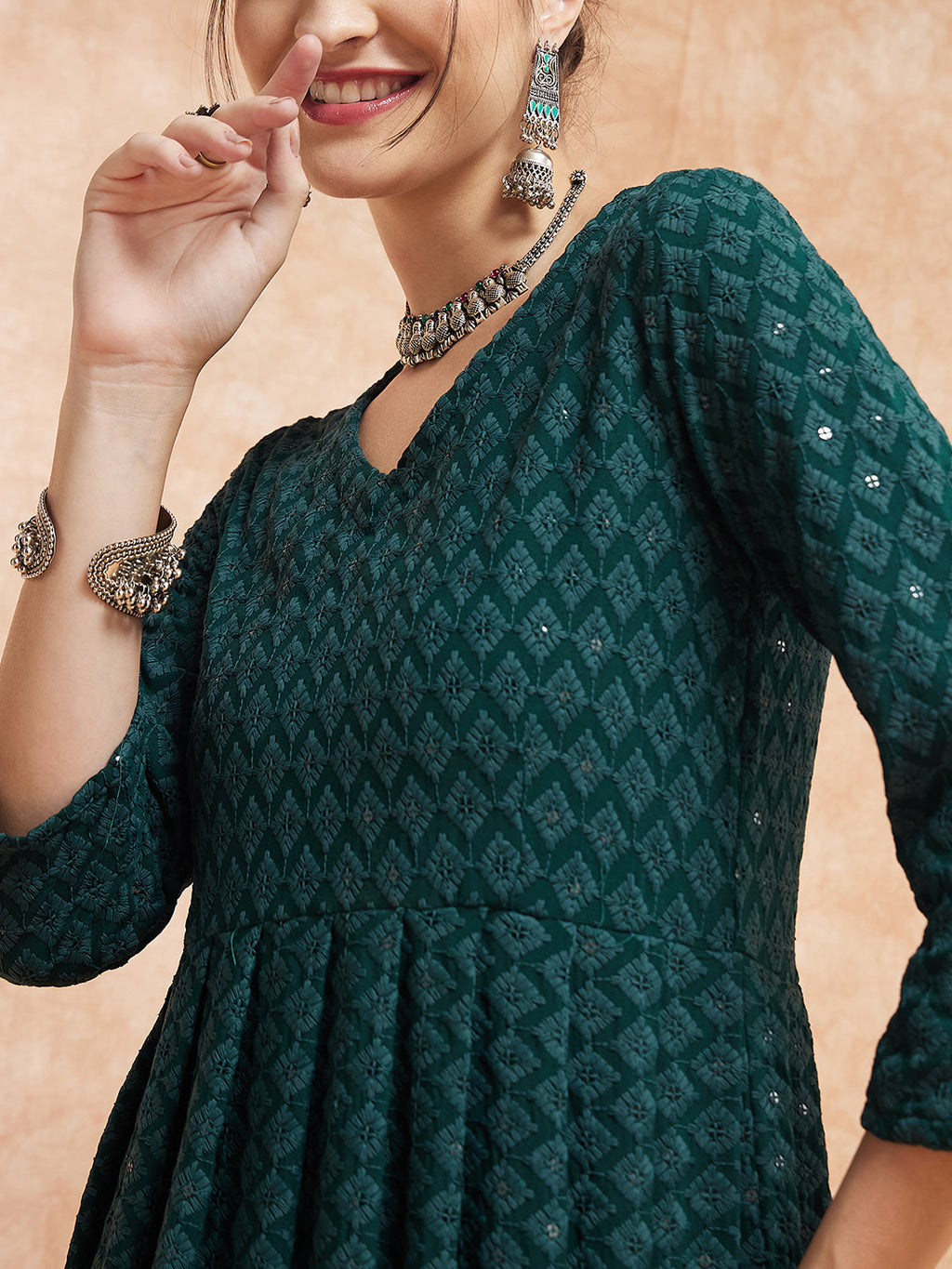 InWeave Women's Forest Green Chikankari Long Anarkali Kurta Sharara Set