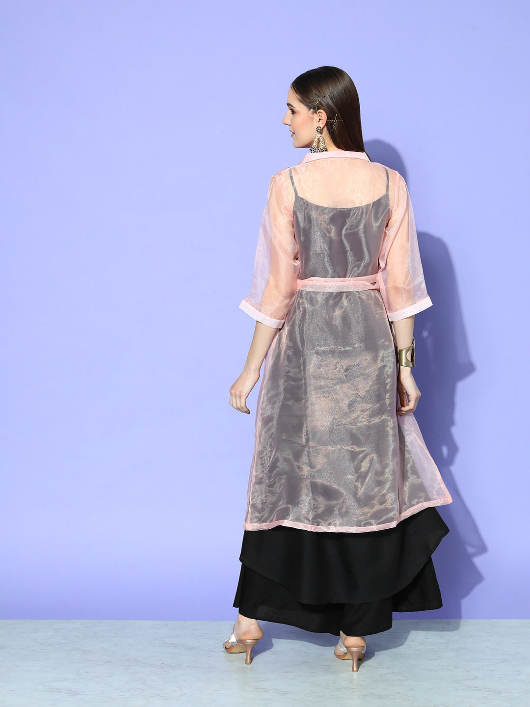 InWeave Women's Black Strappy Kurta Set With Peach Organza Cape
