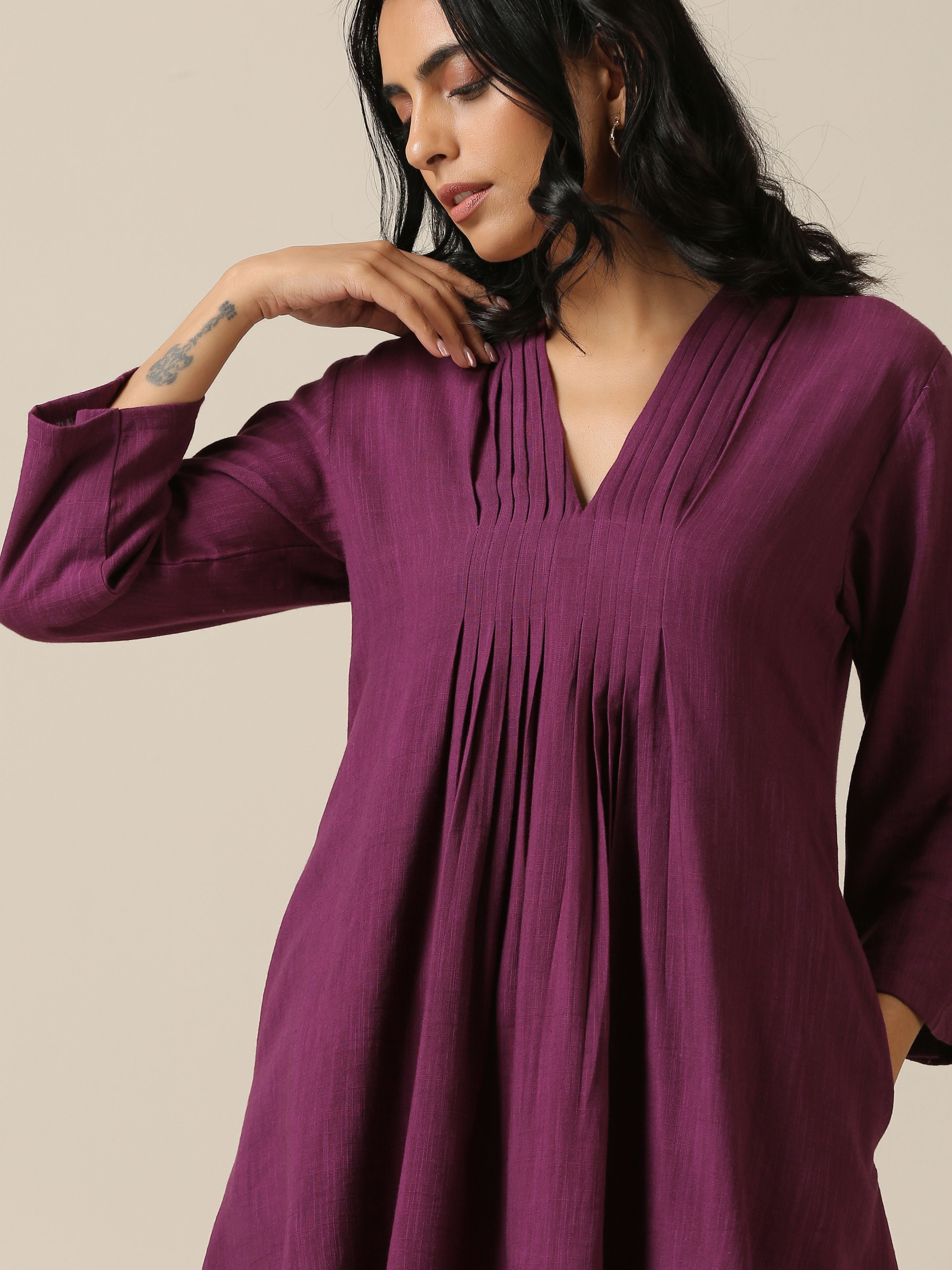 trueBrowns Plum Purple Slub Texture Pleated Co-Ord Set