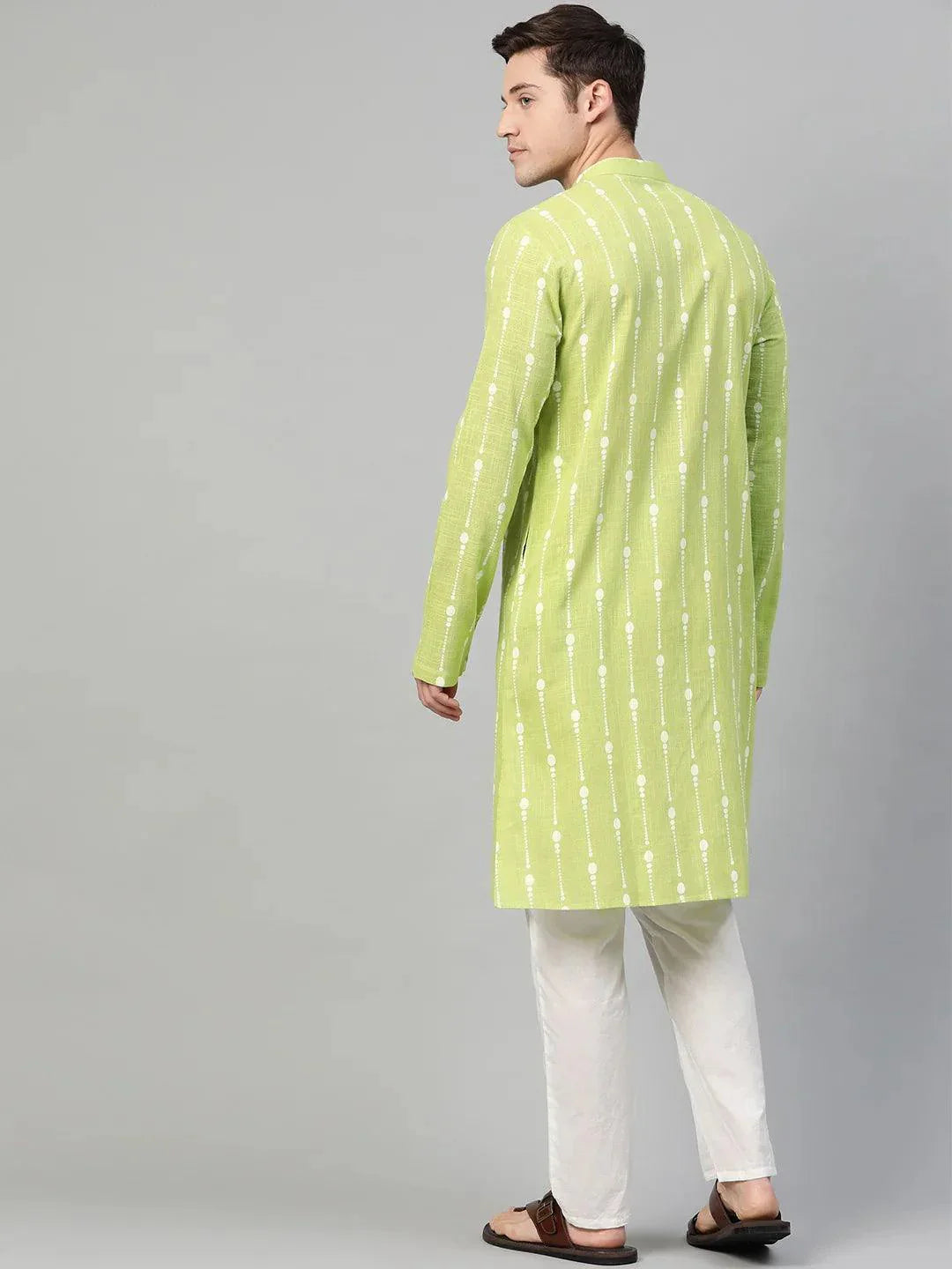 Fabmade Lime Green And White Printed Straight Kurta Pyjama