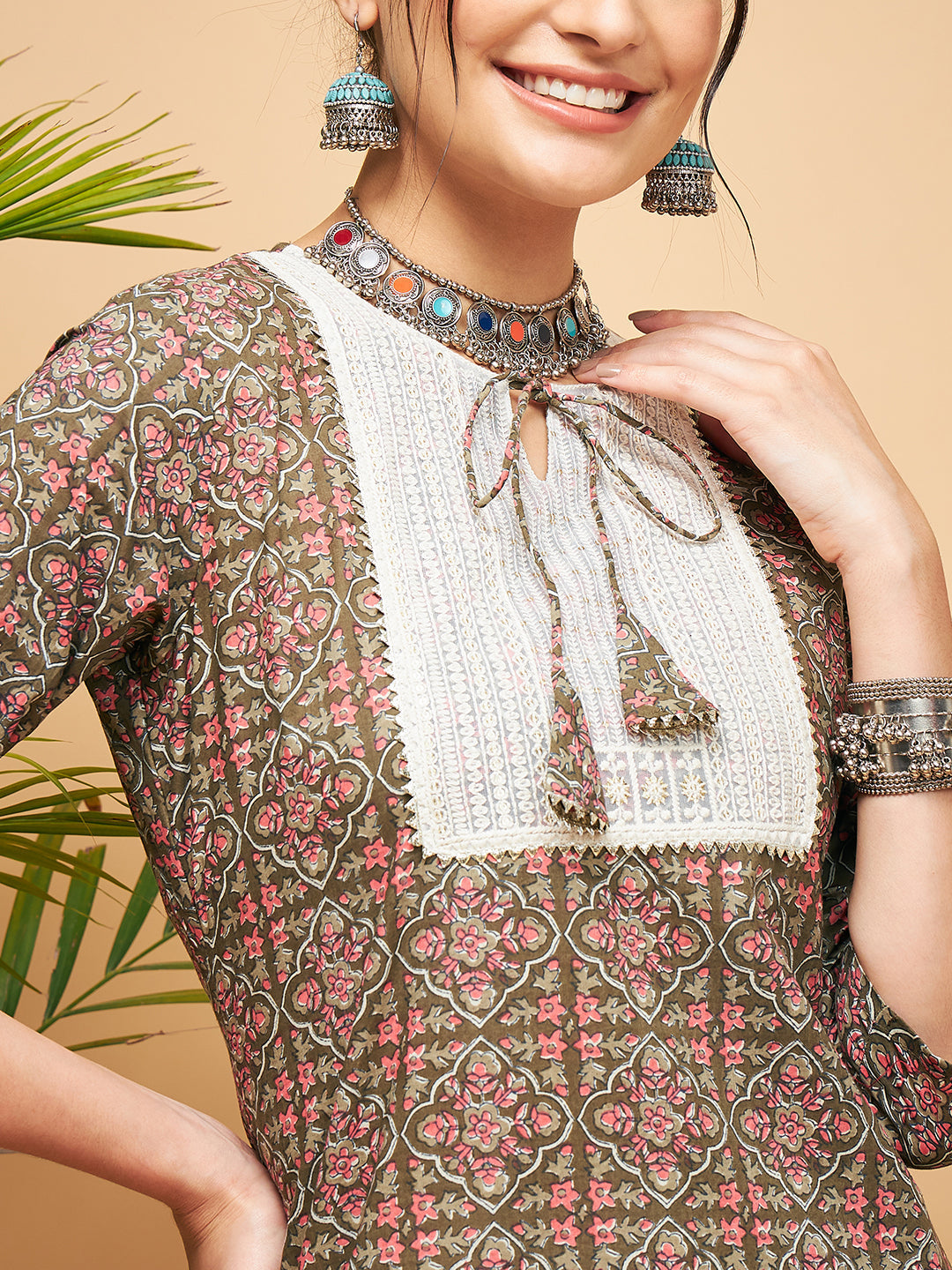 InWeave Women's Green Red Ajrakh Print Cotton Patch Work Straight Kurta