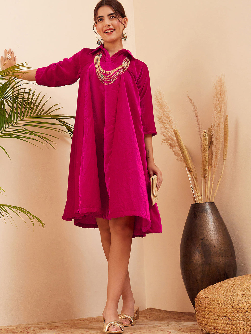 InWeave Women's Fuchsia Velvet Collared Neck Flared Midi Dress