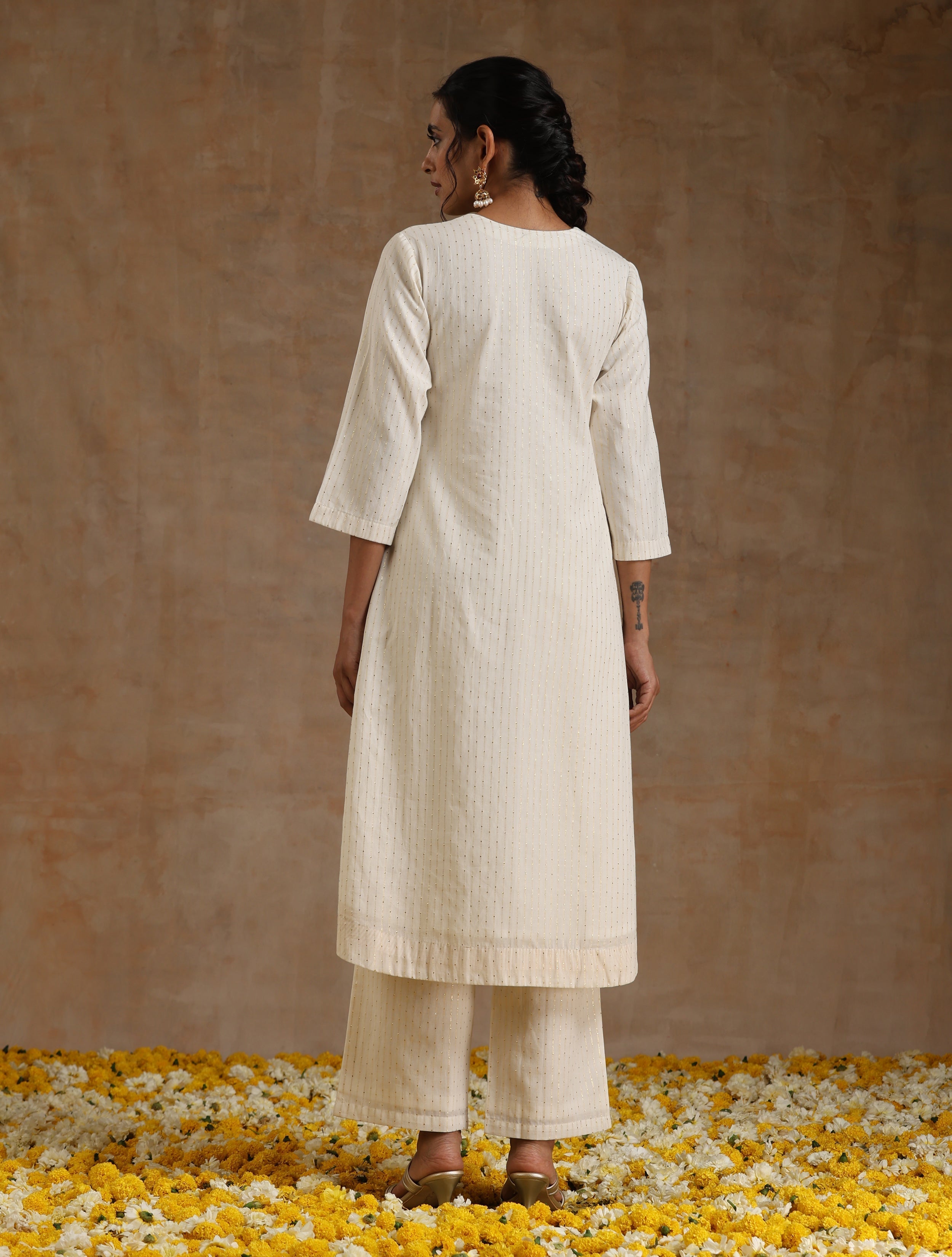 trueBrowns Ivory Gold Cotton Flared Kurta Set
