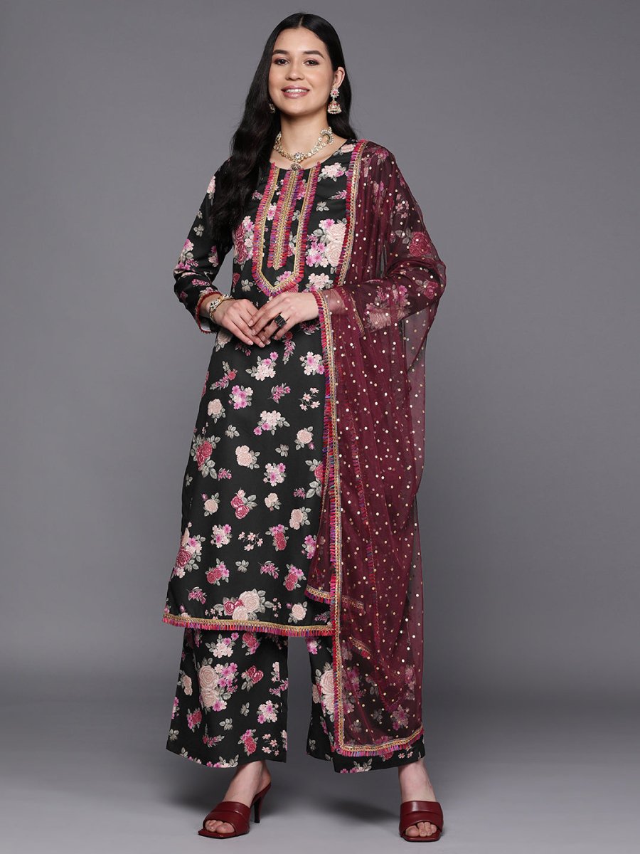 Ahalyaa Women Black Floral Printed Gotta Patti Kurta with Palazzos & With Dupatta
