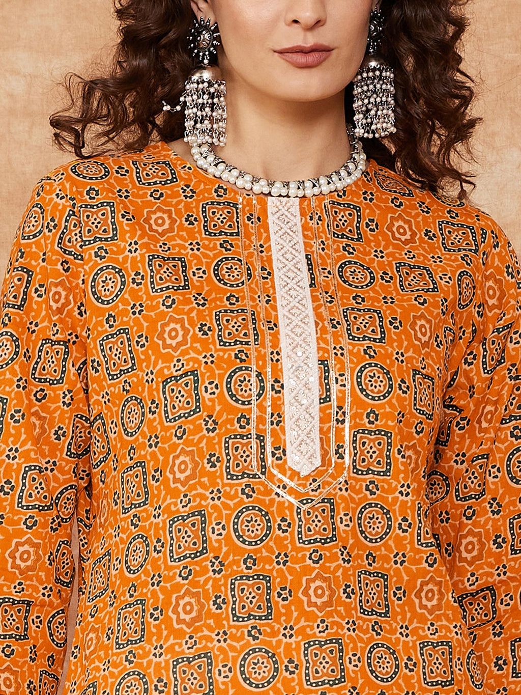 InWeave Women's Mustard Ethnic Print Lace Gota Work Straight Kurta