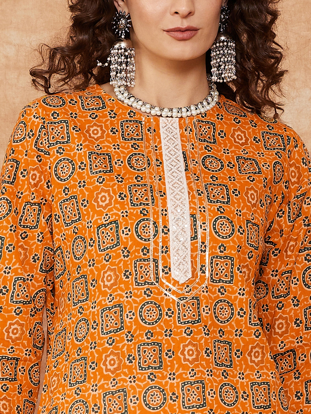 InWeave Women's Mustard Ethnic Print Lace Gota Work Straight Kurta