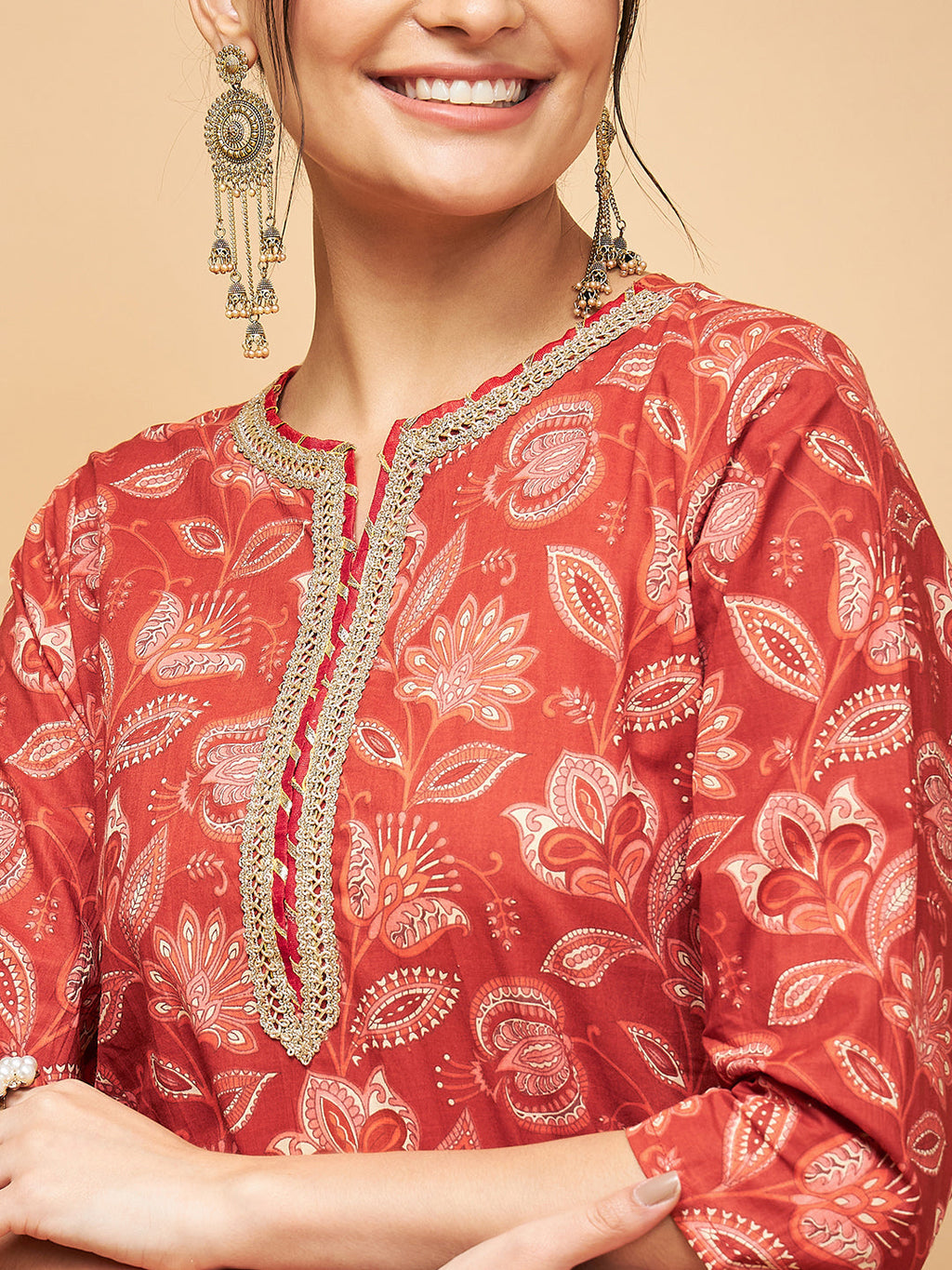 InWeave Women's Rust Paisley Print Gota Straight Kurta