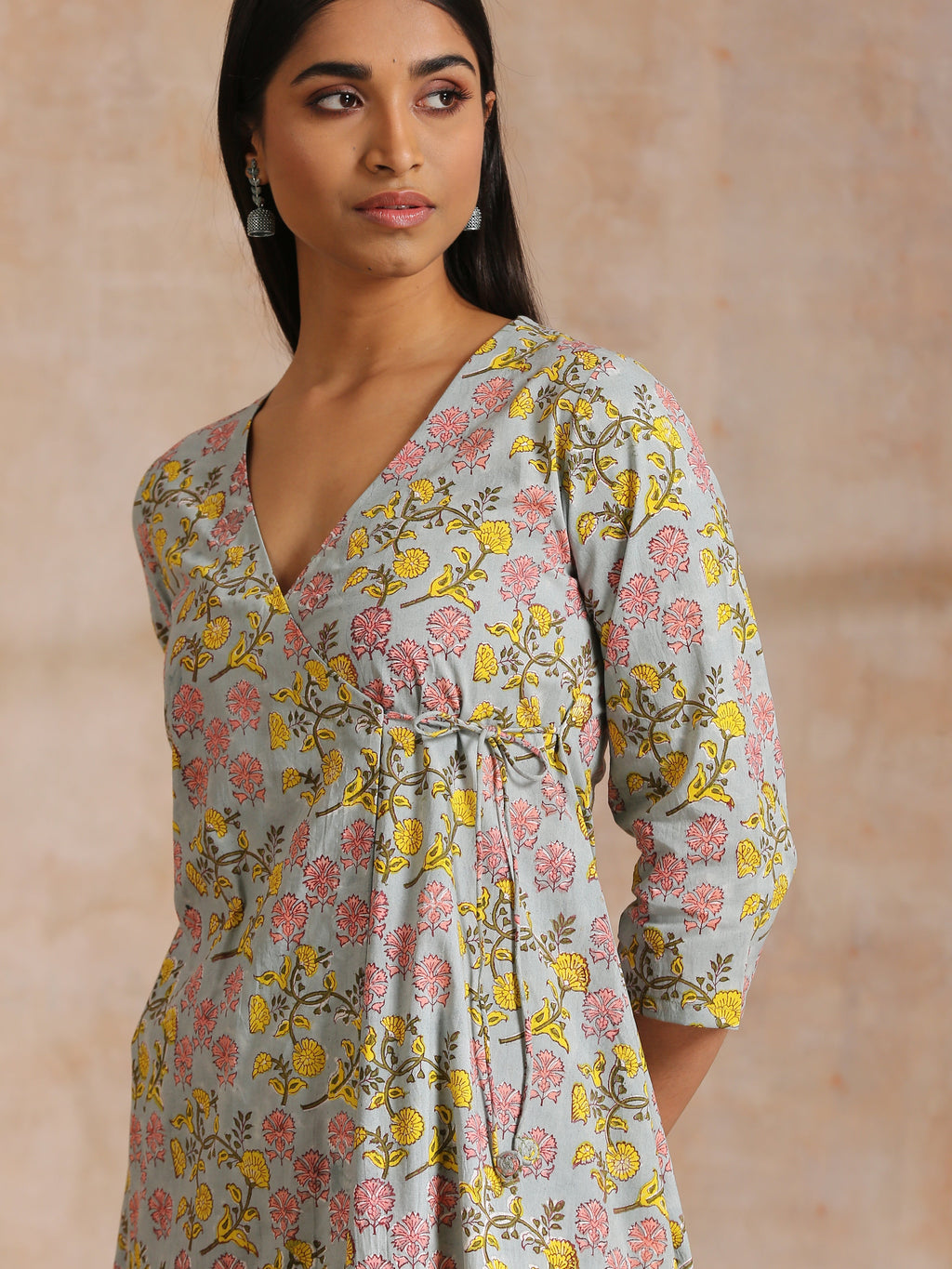 trueBrowns Grey Overall Floral Block Print Cotton Angrakha Kurta Pant Set