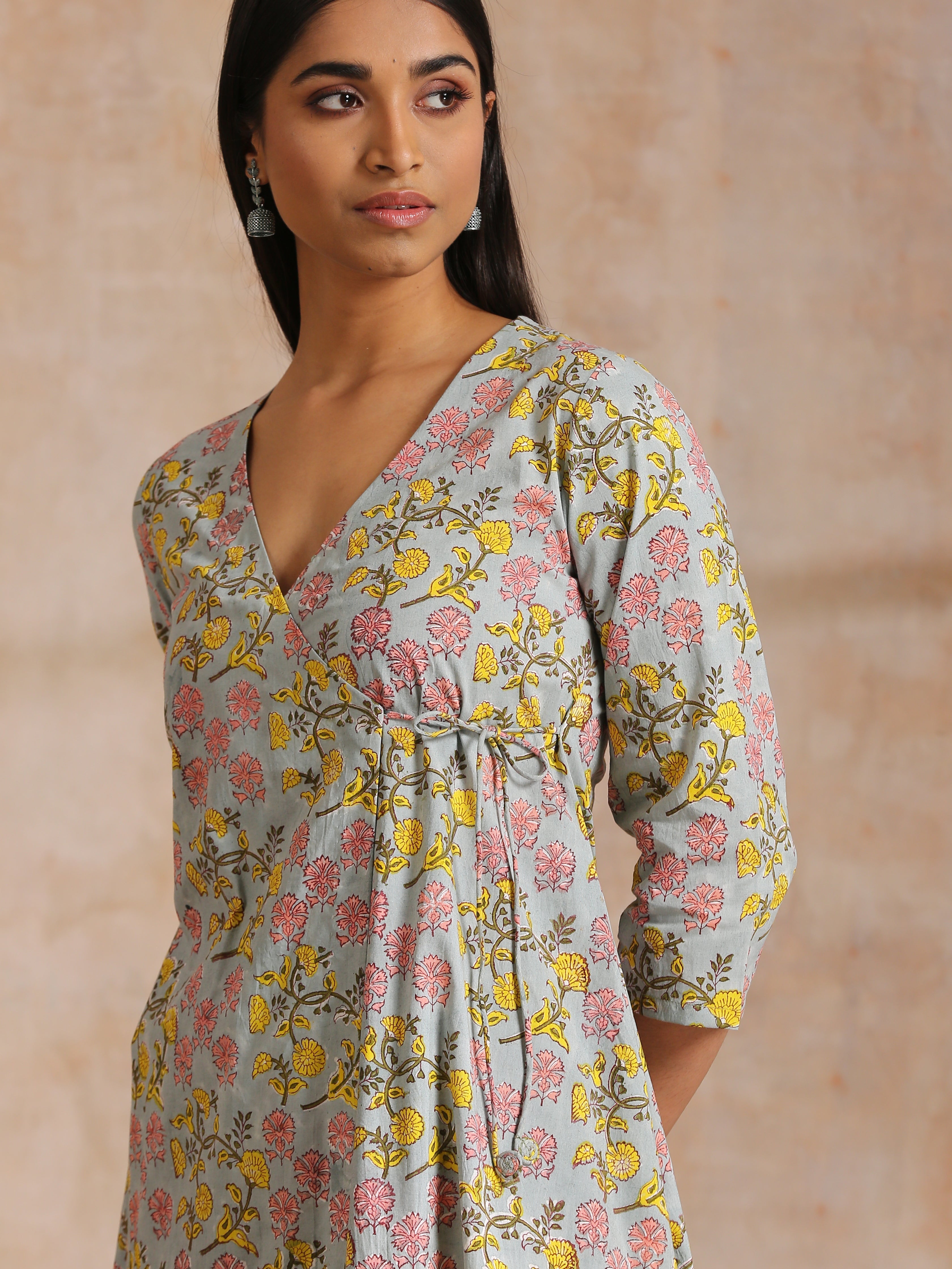 trueBrowns Grey Overall Floral Block Print Cotton Angrakha Kurta Pant Set