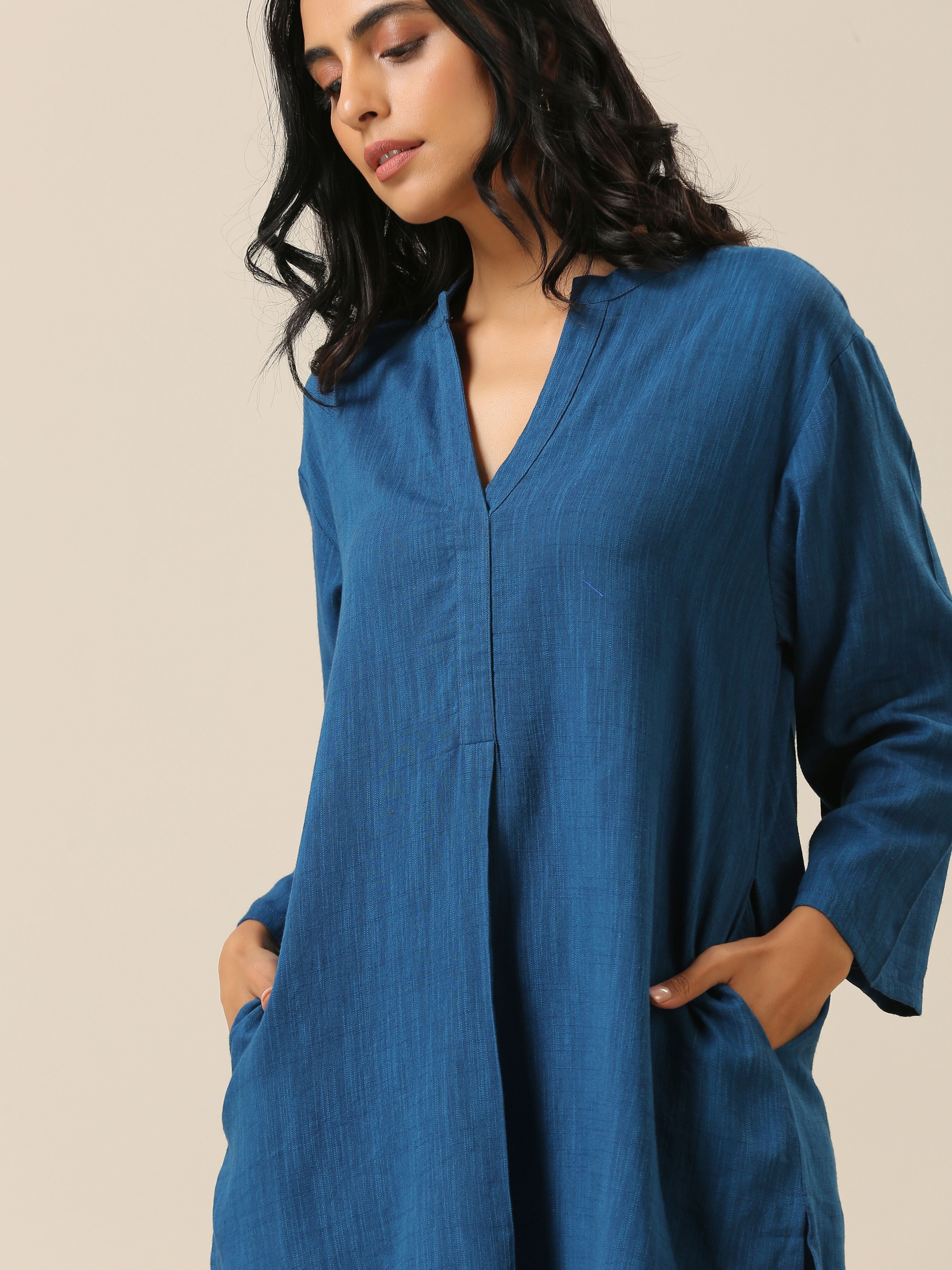 trueBrowns Classic Blue Slub Texture Relax Fit Co-Ord Set